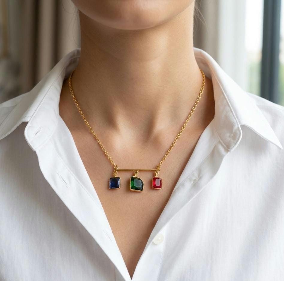 Multi-Gemstone Bar Necklace, Raw Emerald Sapphire Ruby Pendant, Gold-Toned Brass Chain, Boho Jewelry