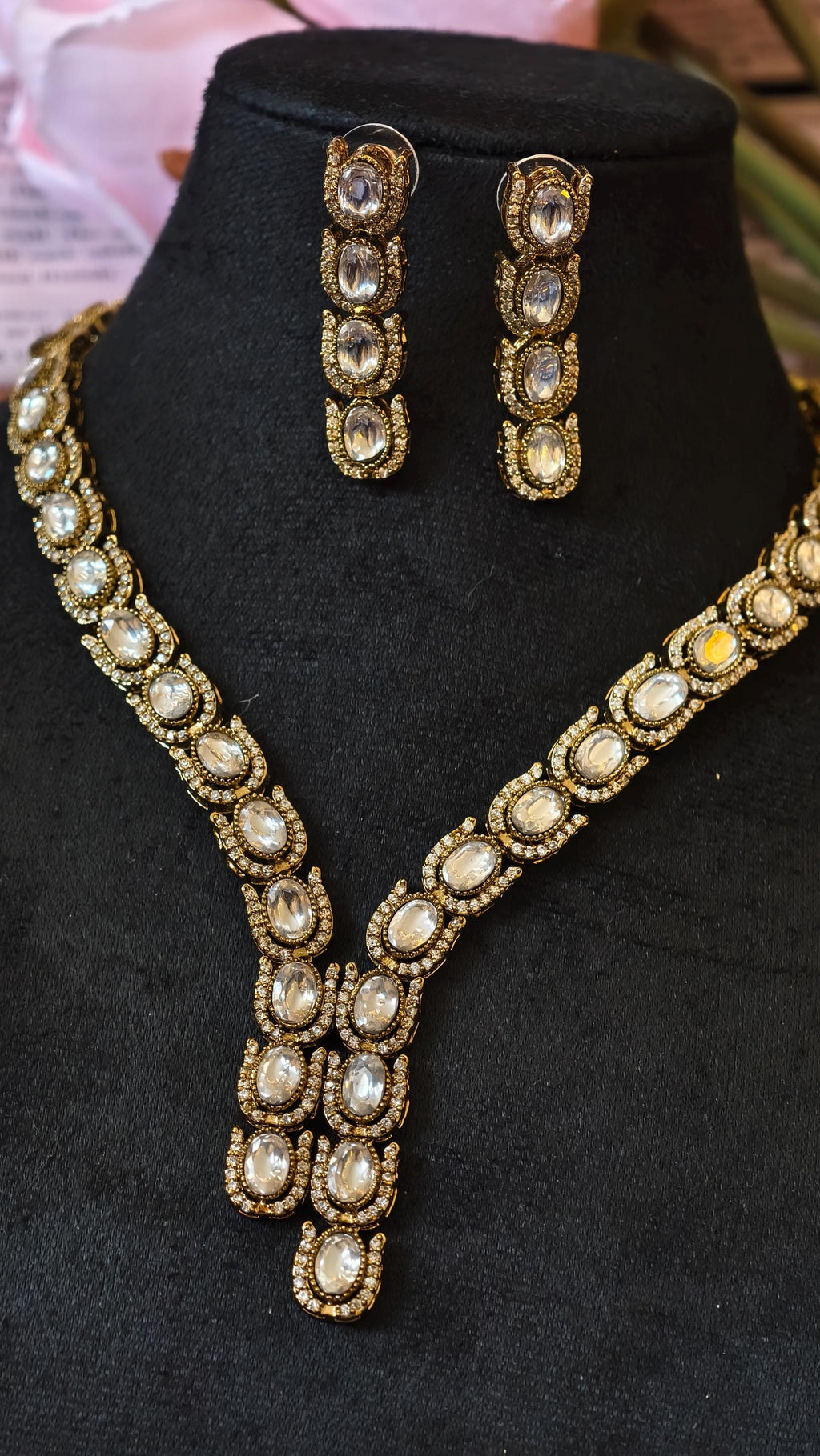 Antique Gold Kundan Necklace Set | Polki Style Bridal Earrings, Indian Wedding Jewelry