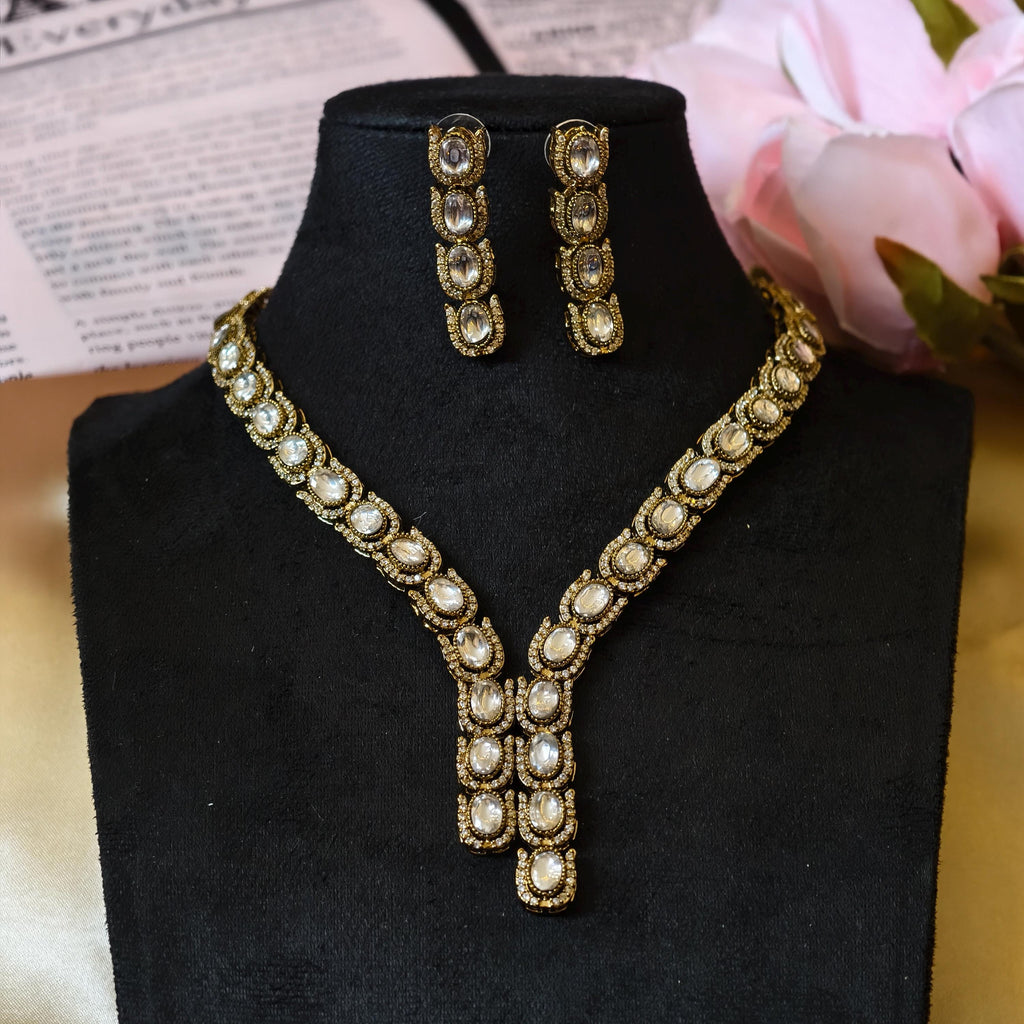 Antique Gold Kundan Necklace Set | Polki Style Bridal Earrings, Indian Wedding Jewelry