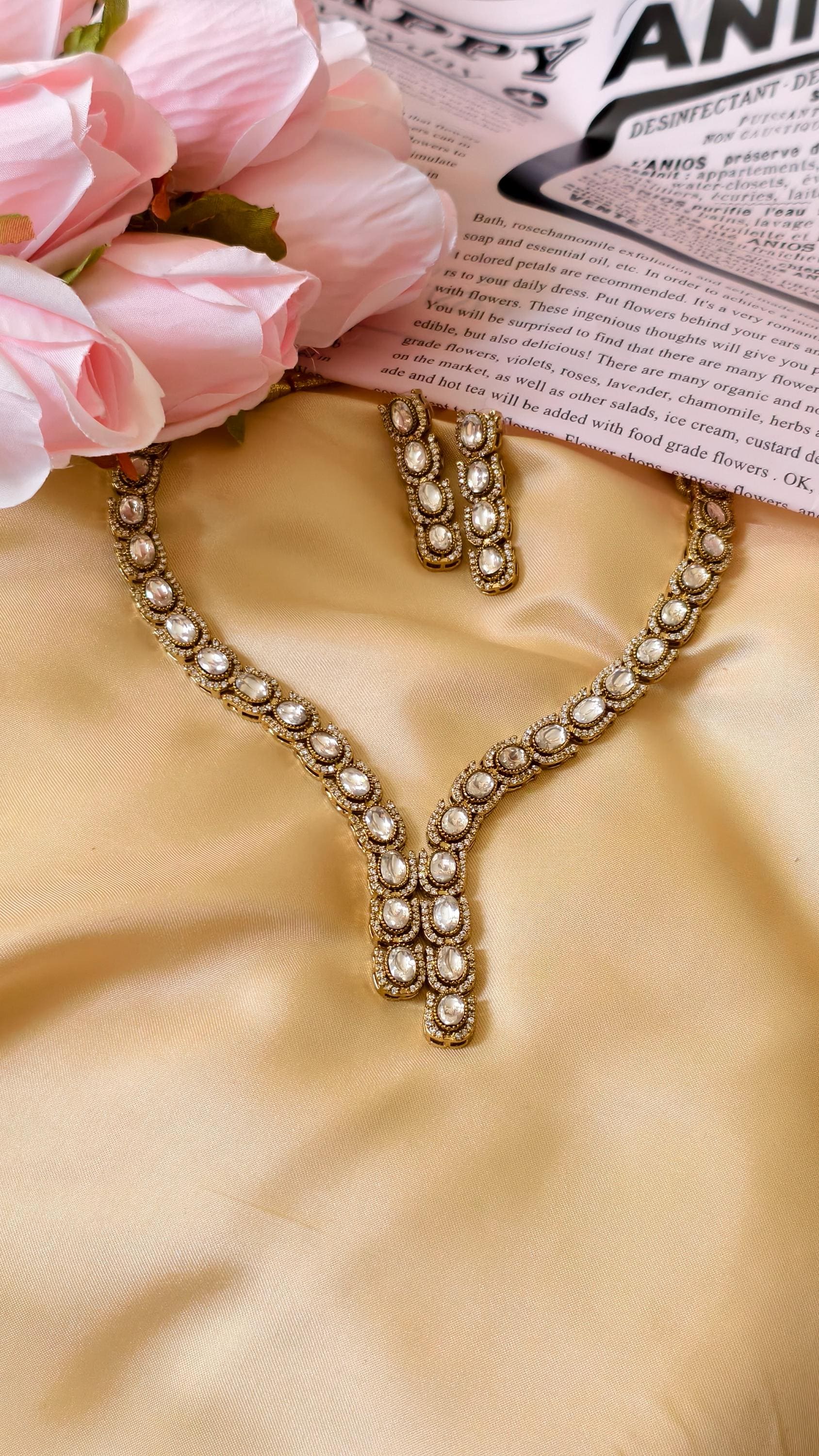 Antique Gold Kundan Necklace Set | Polki Style Bridal Earrings, Indian Wedding Jewelry