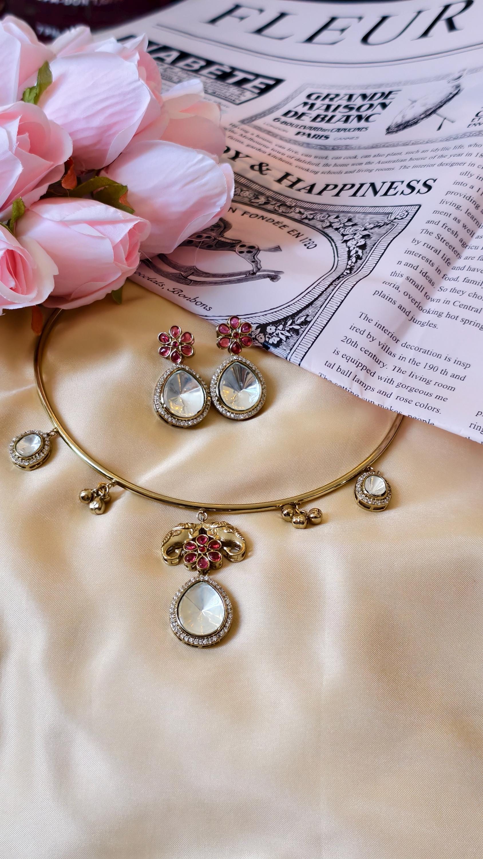 Gold Plated Elephant Hasli Necklace Set  Kundan Polki Choker  Traditional Indian Wedding Jewelry