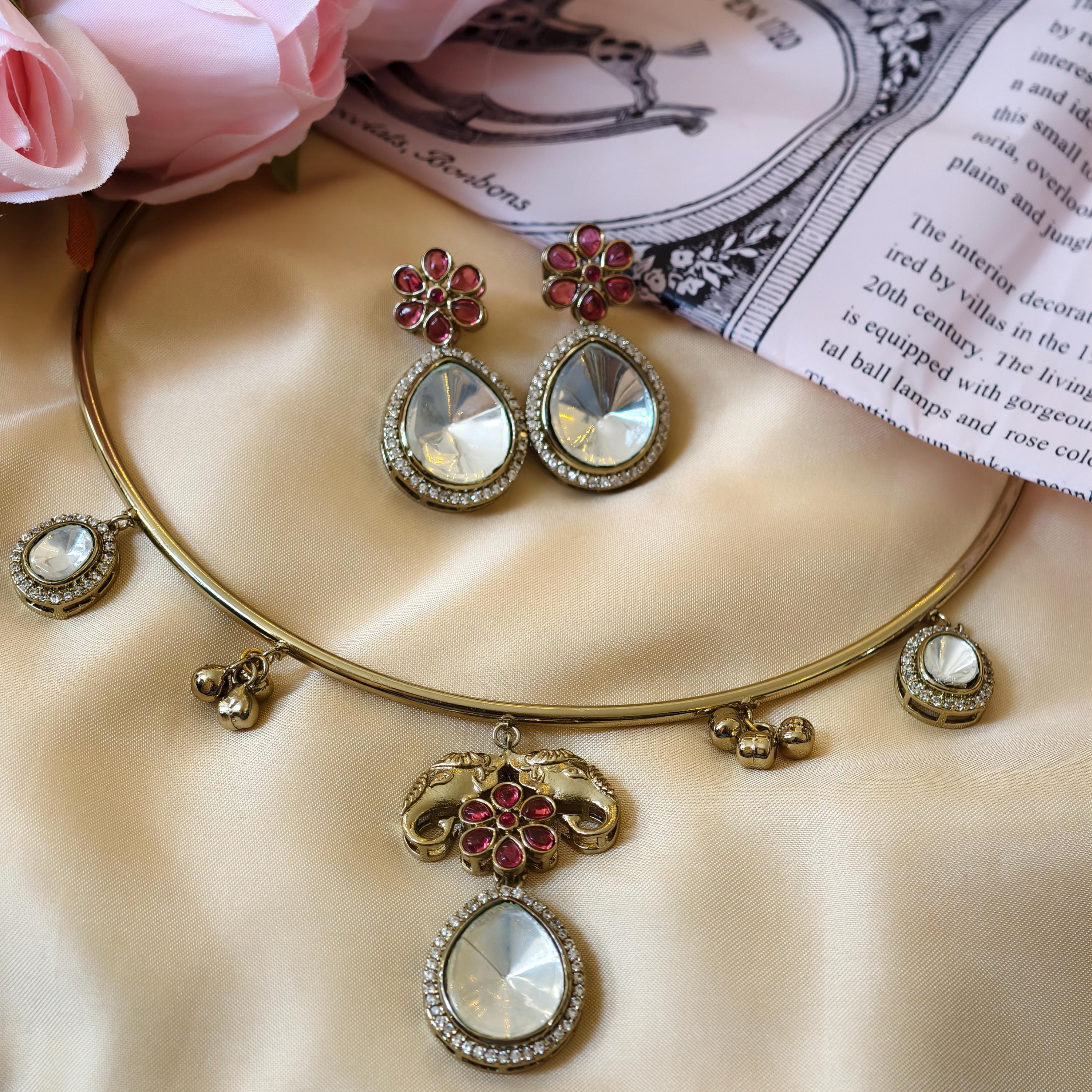 Gold Plated Elephant Hasli Necklace Set  Kundan Polki Choker  Traditional Indian Wedding Jewelry