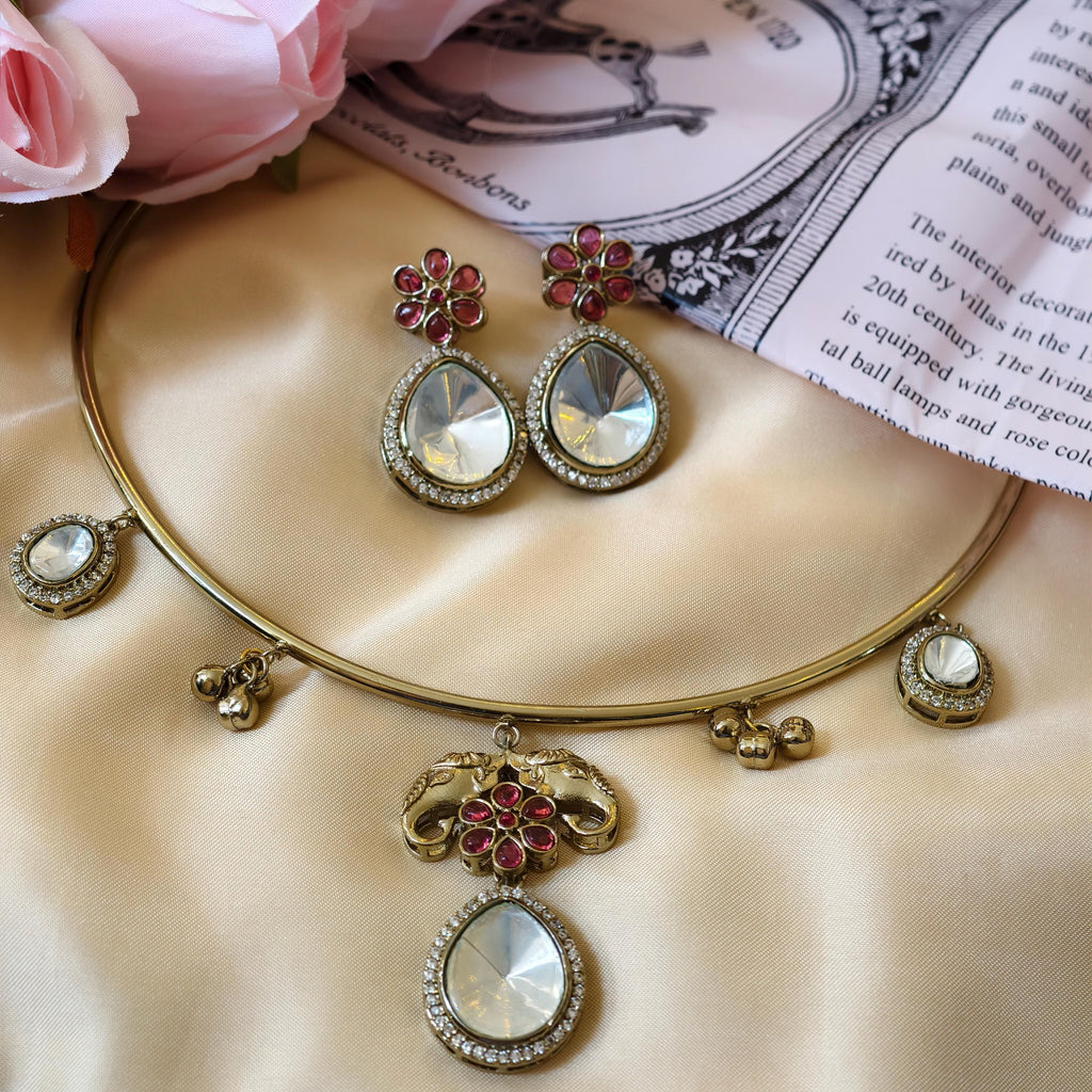 Gold Plated Elephant Hasli Necklace Set  Kundan Polki Choker  Traditional Indian Wedding Jewelry