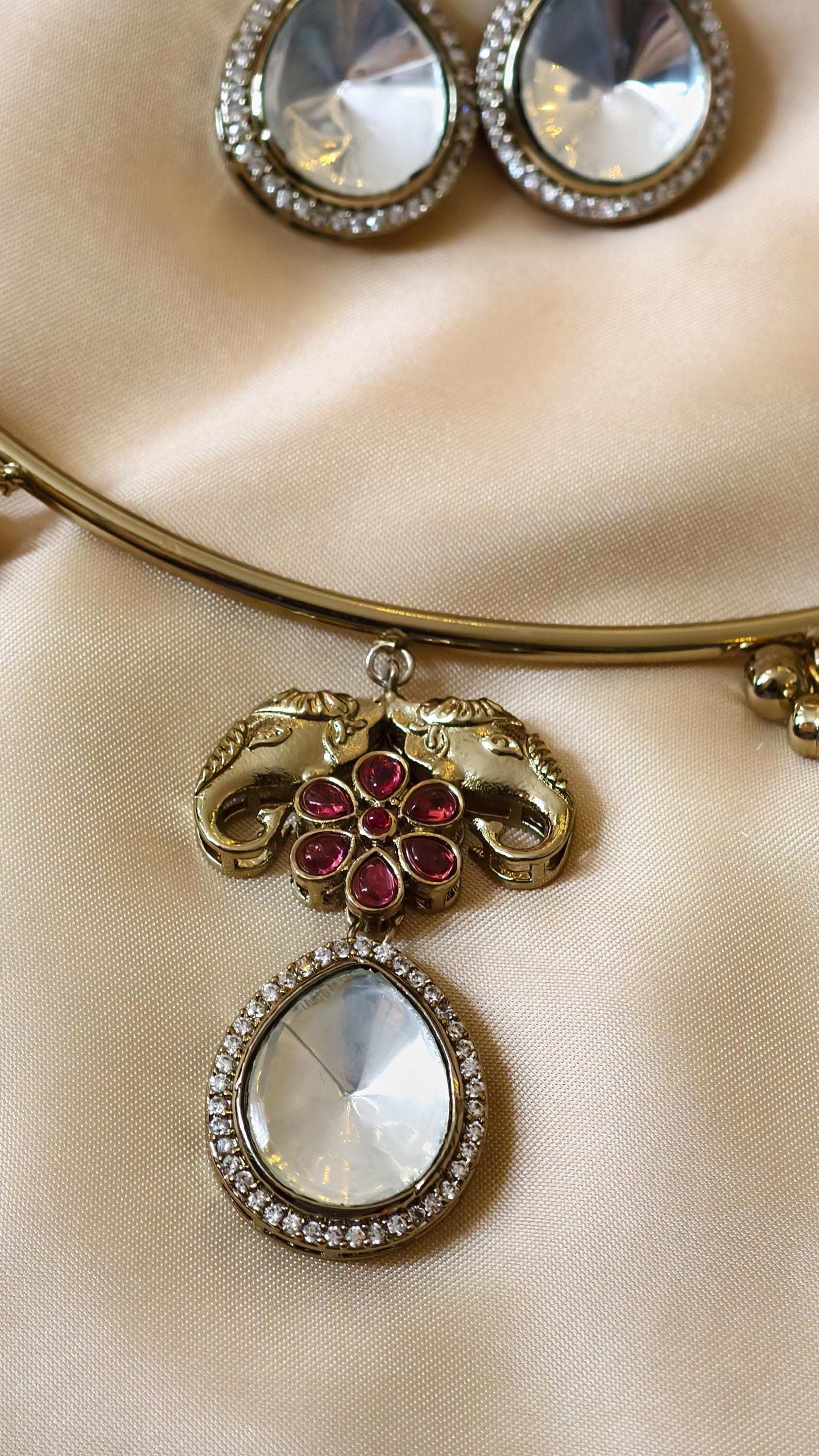 Gold Plated Elephant Hasli Necklace Set  Kundan Polki Choker  Traditional Indian Wedding Jewelry