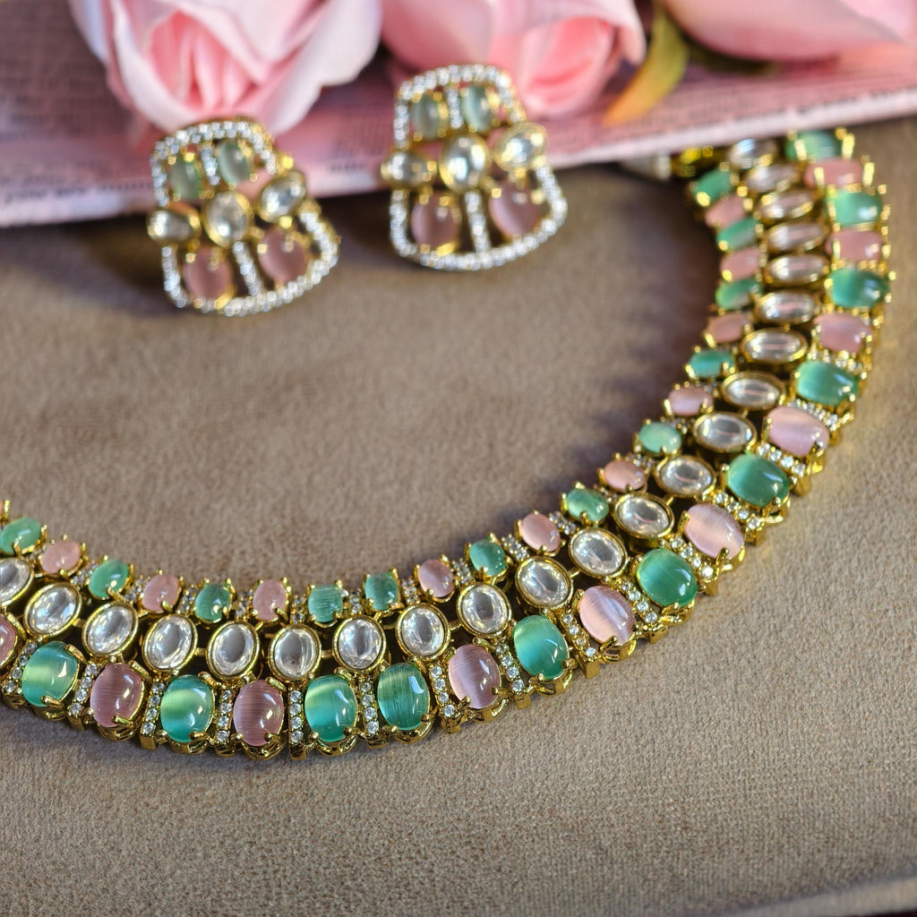 Pastel Kundan Choker Necklace Set, Mint Green Blush Pink Polki Earrings