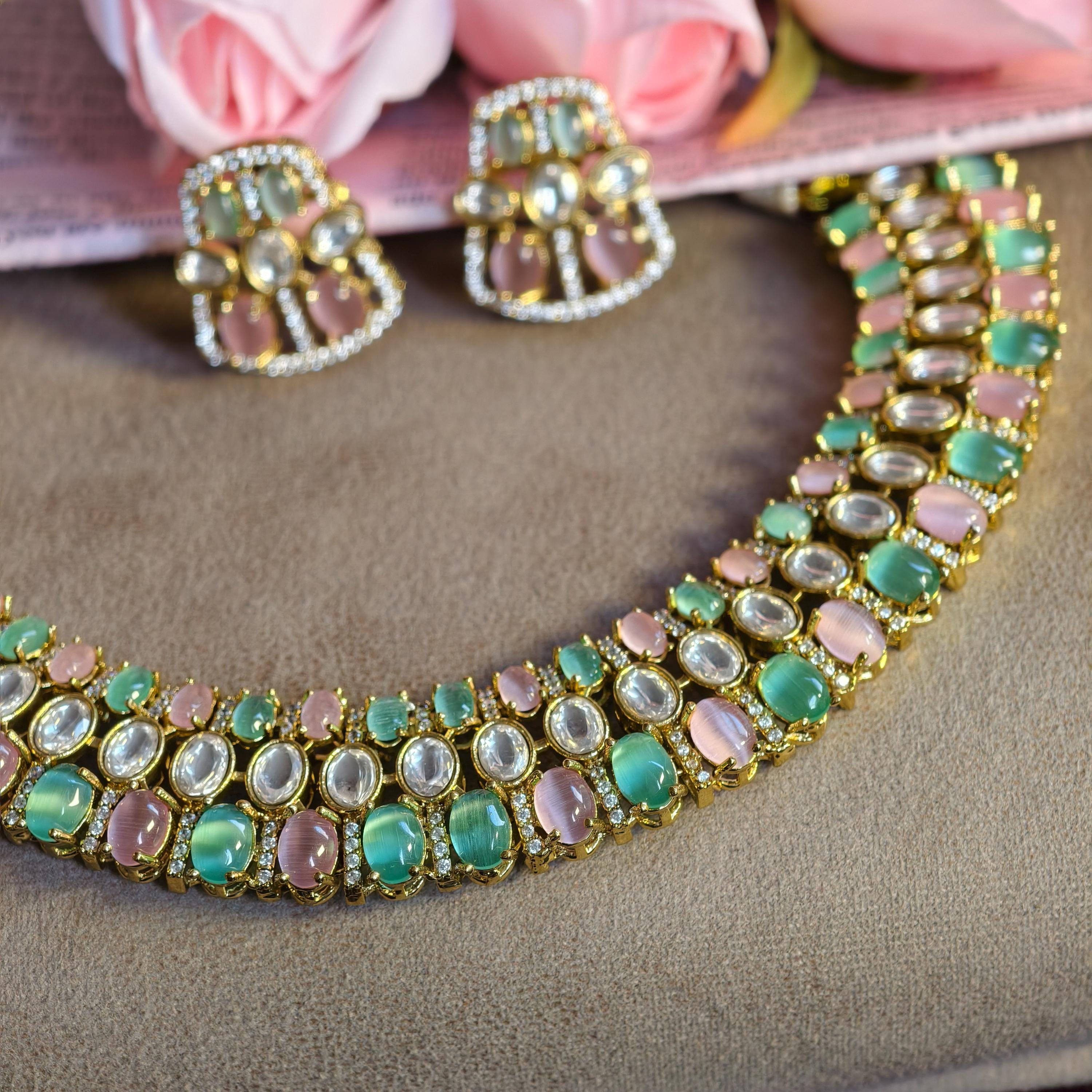 Pastel Kundan Choker Necklace Set, Mint Green Blush Pink Polki Earrings