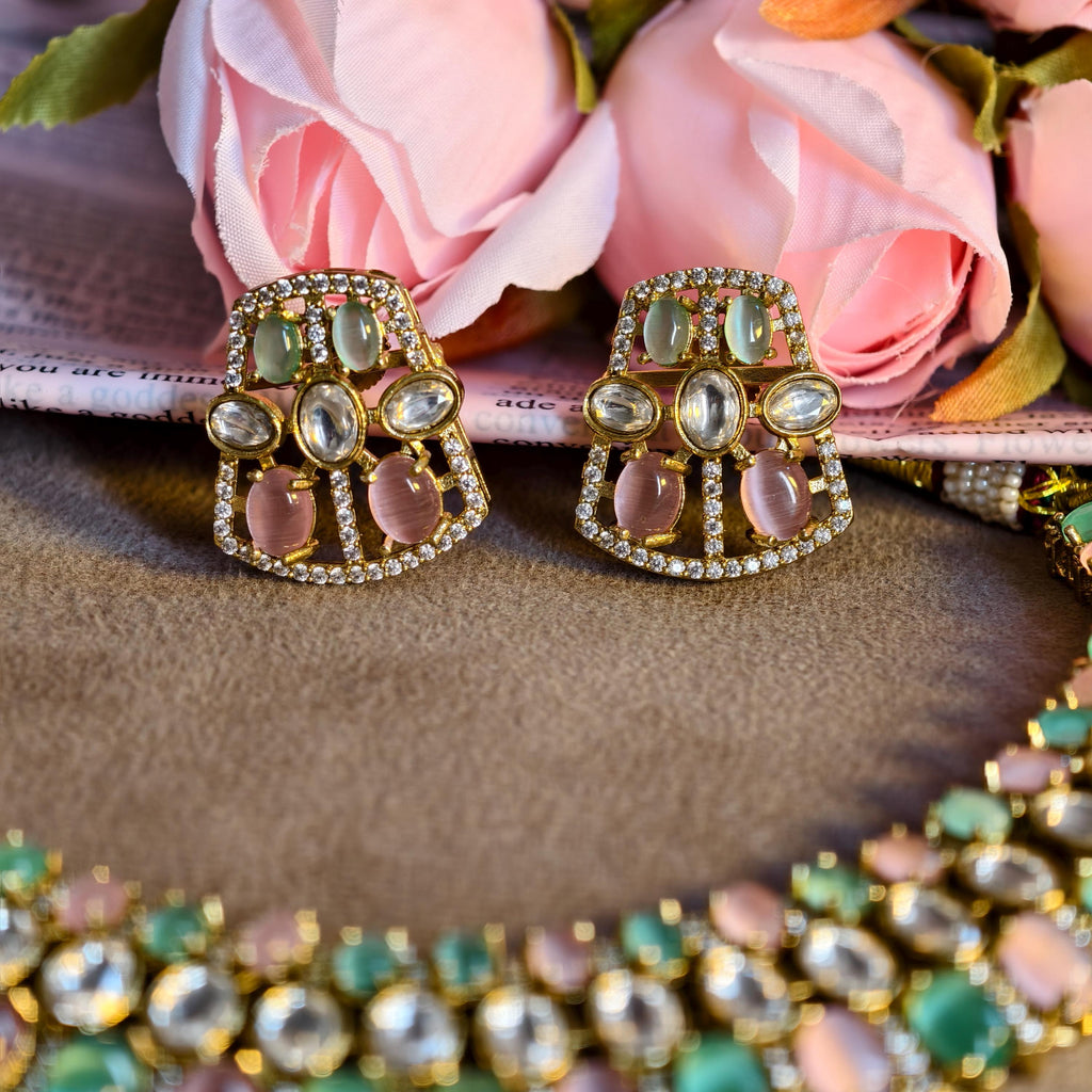 Pastel Kundan Choker Necklace Set, Mint Green Blush Pink Polki Earrings