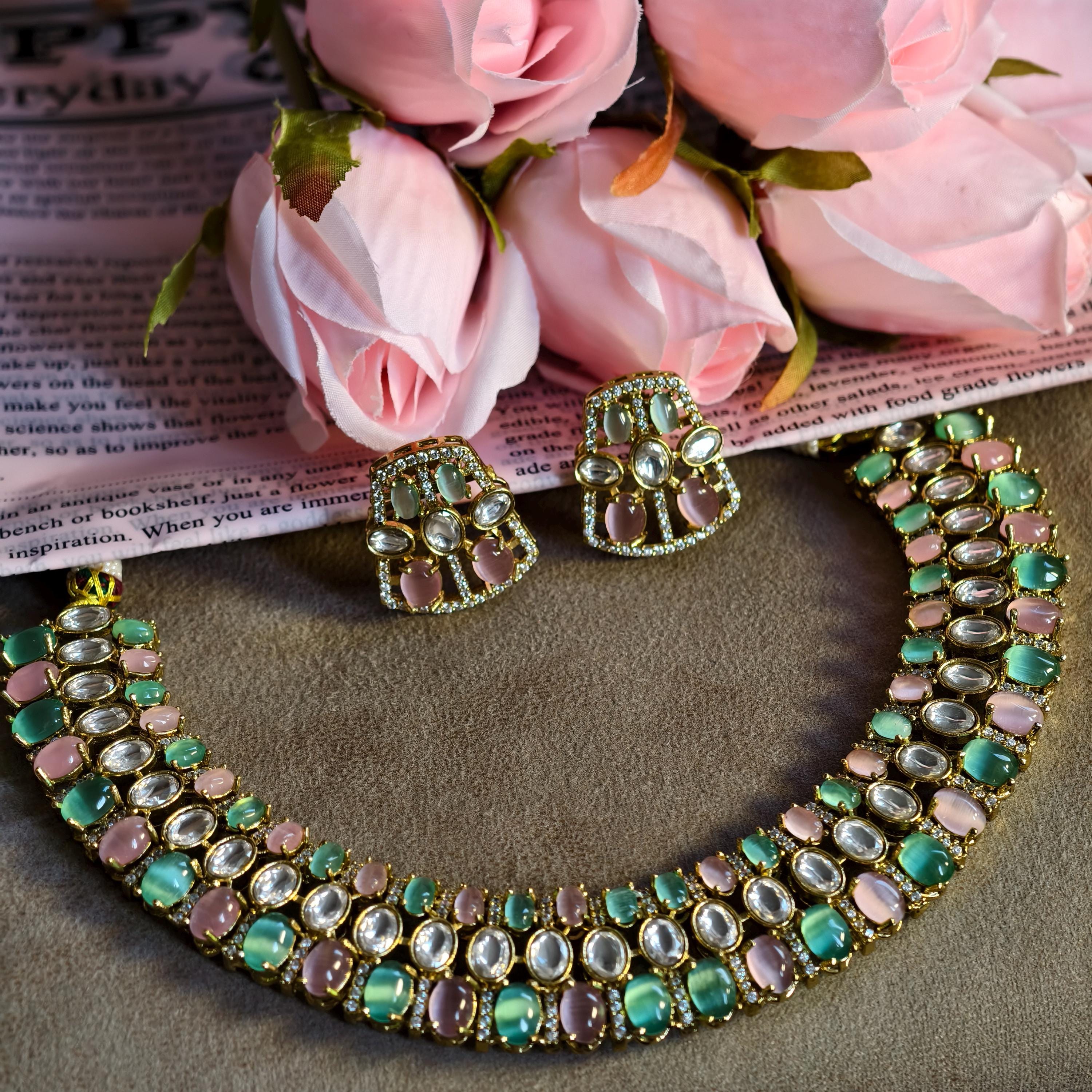Pastel Kundan Choker Necklace Set, Mint Green Blush Pink Polki Earrings