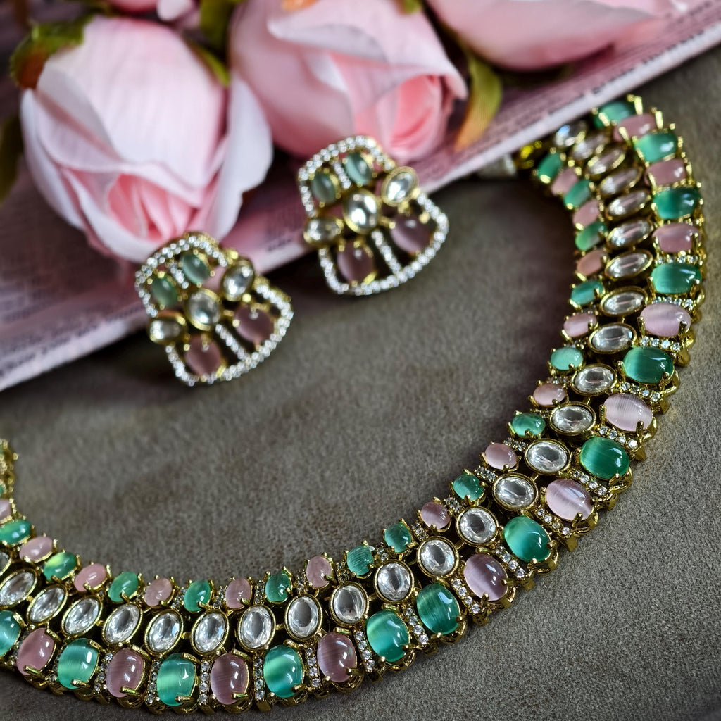 Pastel Kundan Choker Necklace Set, Mint Green Blush Pink Polki Earrings