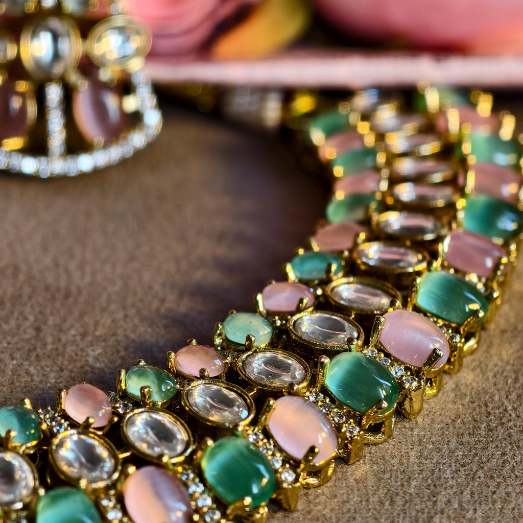 Pastel Kundan Choker Necklace Set, Mint Green Blush Pink Polki Earrings