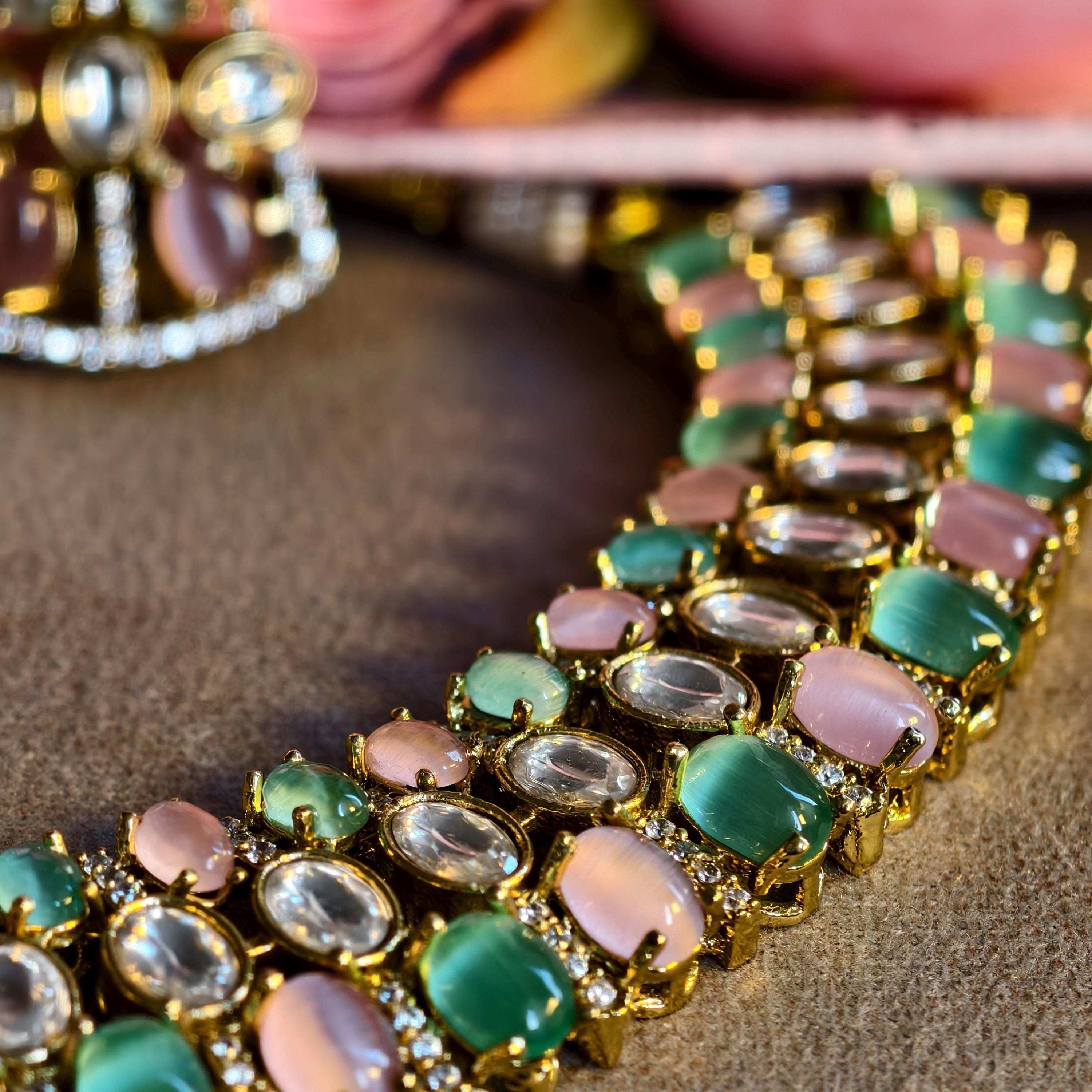 Pastel Kundan Choker Necklace Set, Mint Green Blush Pink Polki Earrings