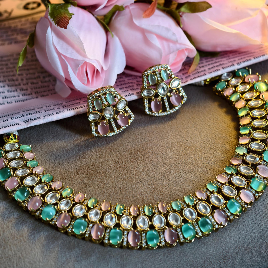Pastel Kundan Choker Necklace Set, Mint Green Blush Pink Polki Earrings