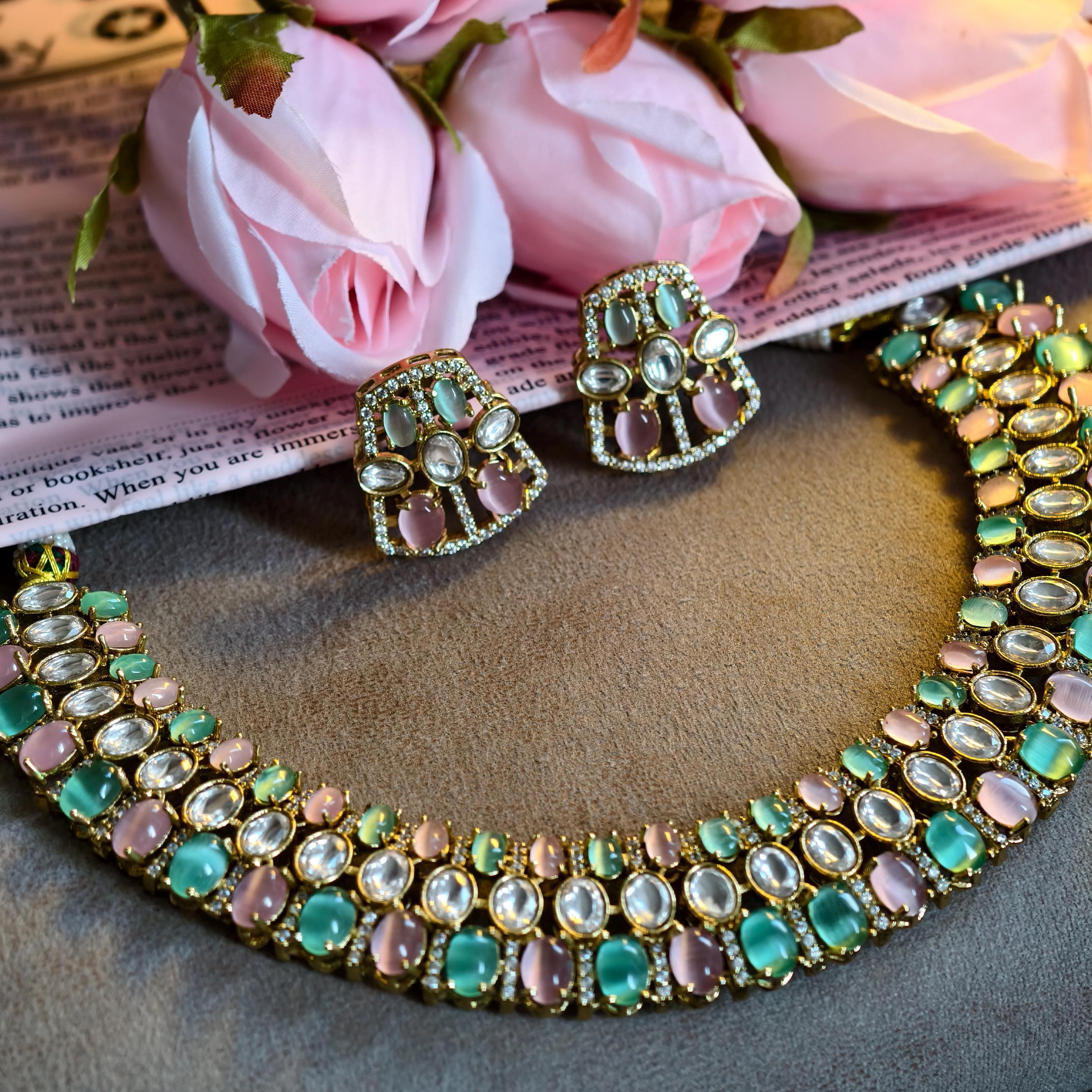 Pastel Kundan Choker Necklace Set, Mint Green Blush Pink Polki Earrings