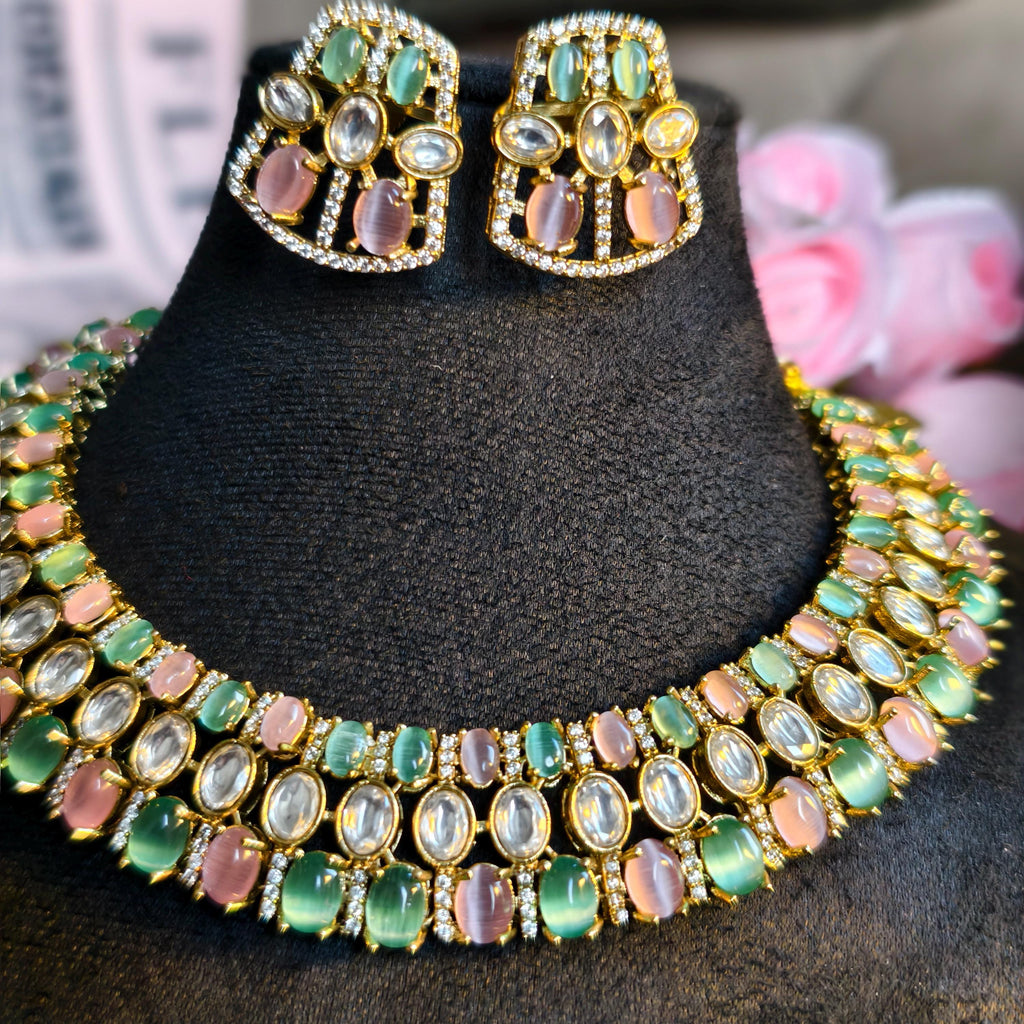 Pastel Kundan Choker Necklace Set, Mint Green Blush Pink Polki Earrings
