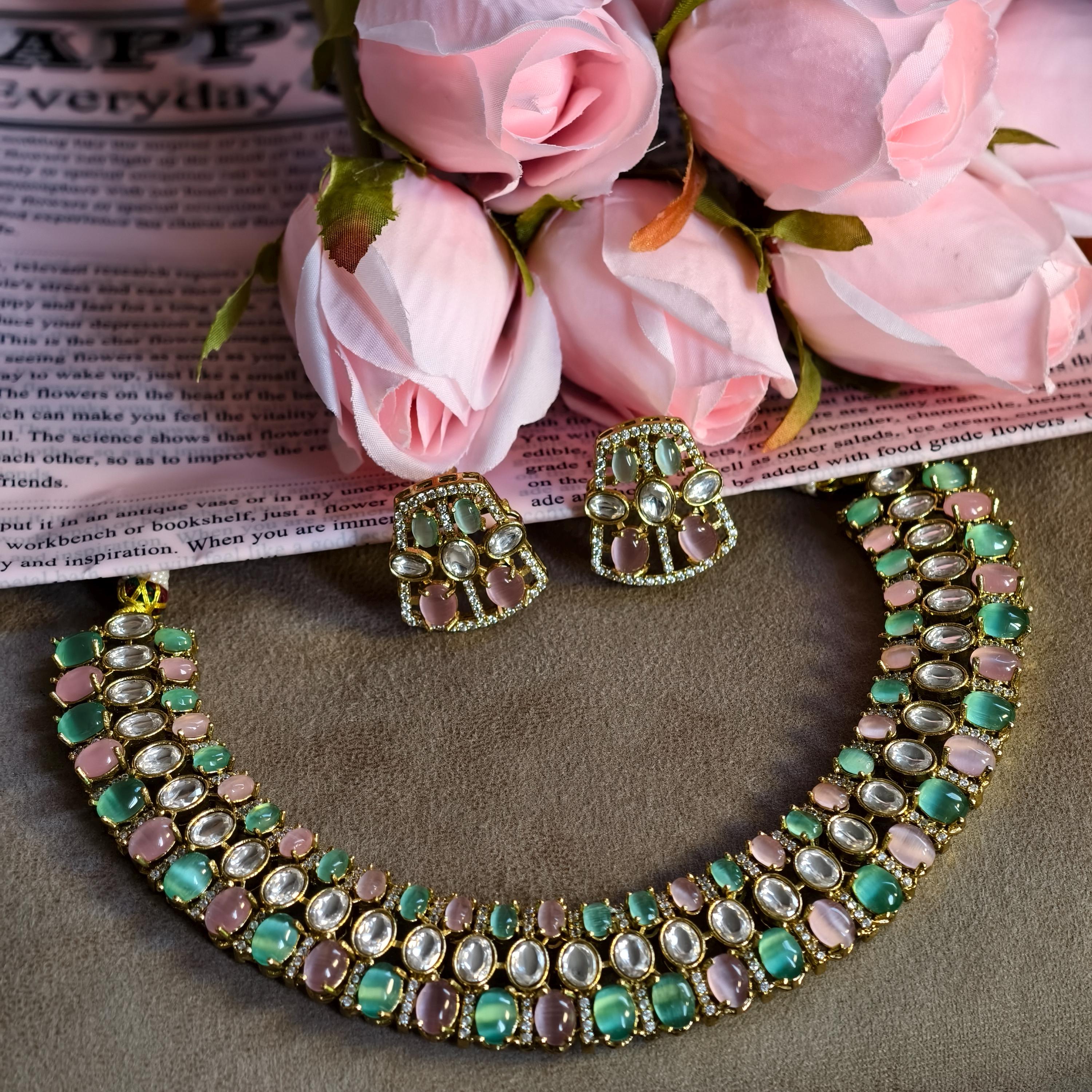 Pastel Kundan Choker Necklace Set, Mint Green Blush Pink Polki Earrings