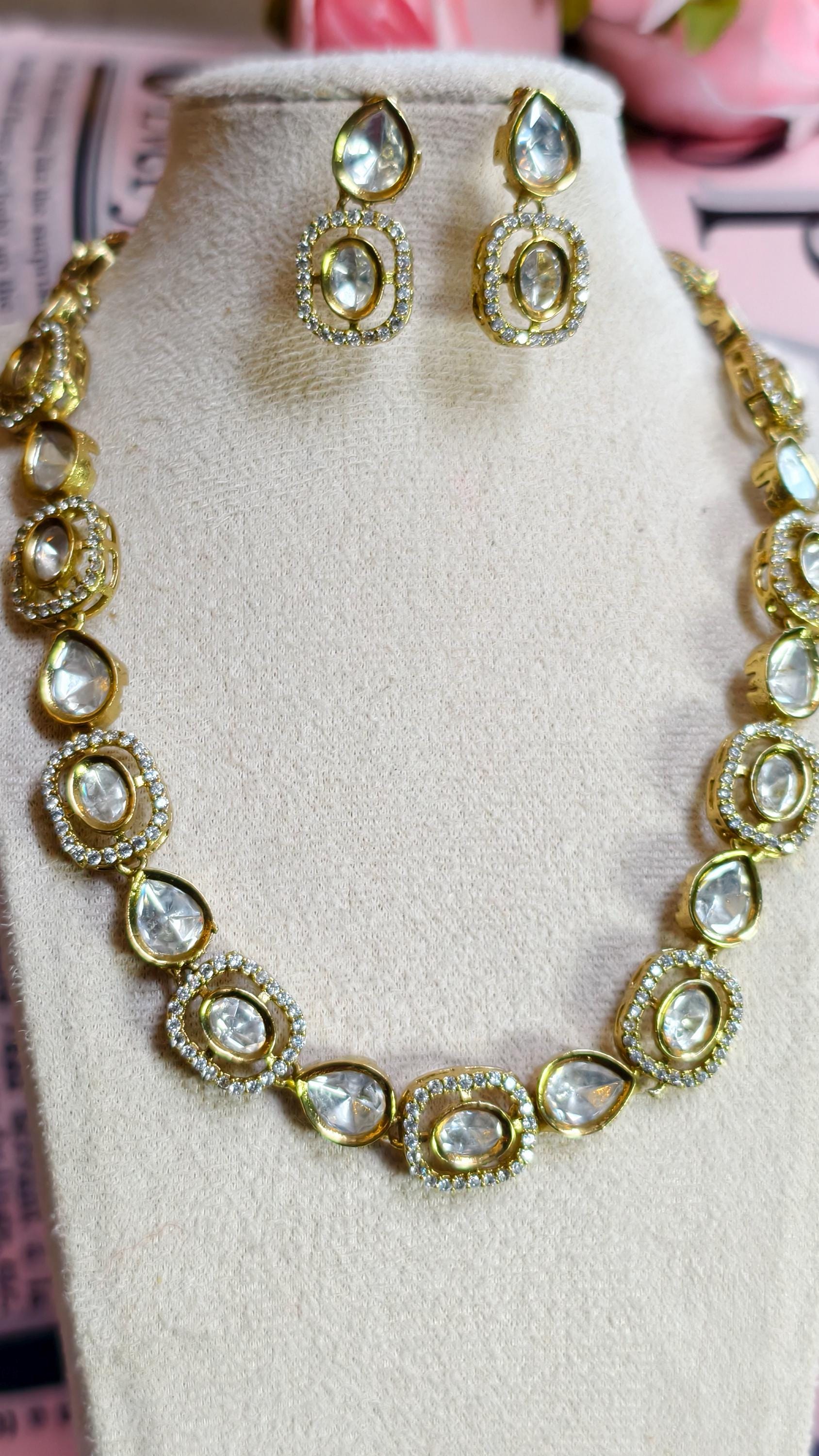 Gold Plated Kundan Necklace Earrings Set | Uncut Polki Bridal Jewelry