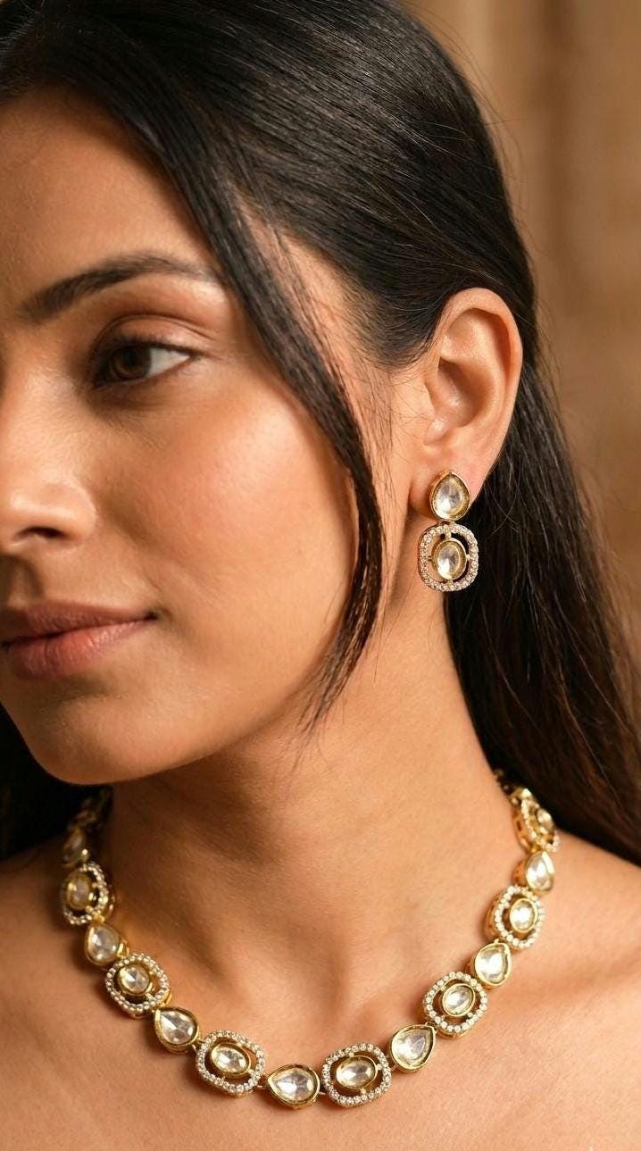 Gold Plated Kundan Necklace Earrings Set | Uncut Polki Bridal Jewelry