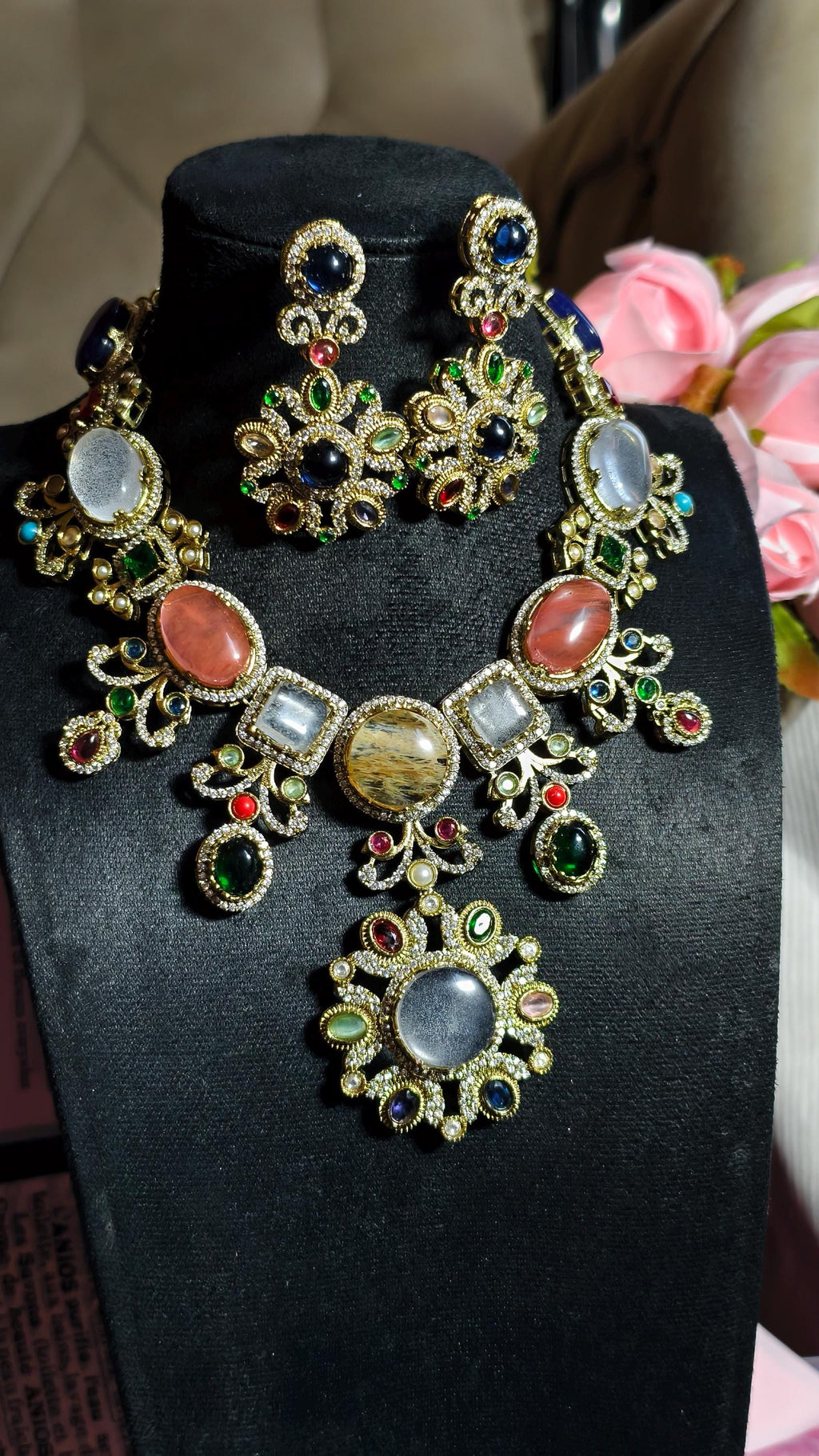 Sabyasachi Inspired Bridal Jewelry Set | Multi-Gemstone Statement Necklace, Floral Earrings | Victorian Polki Kundan Style