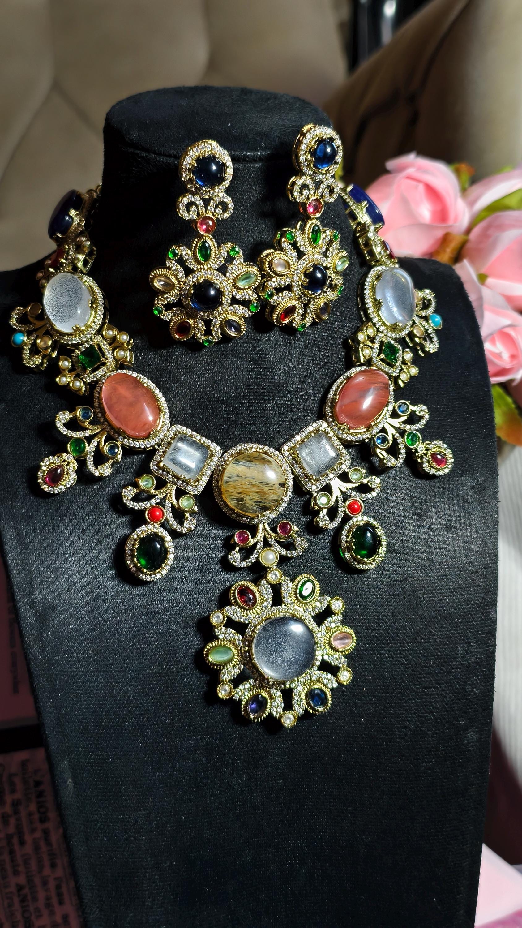 Sabyasachi Inspired Bridal Jewelry Set | Multi-Gemstone Statement Necklace, Floral Earrings | Victorian Polki Kundan Style
