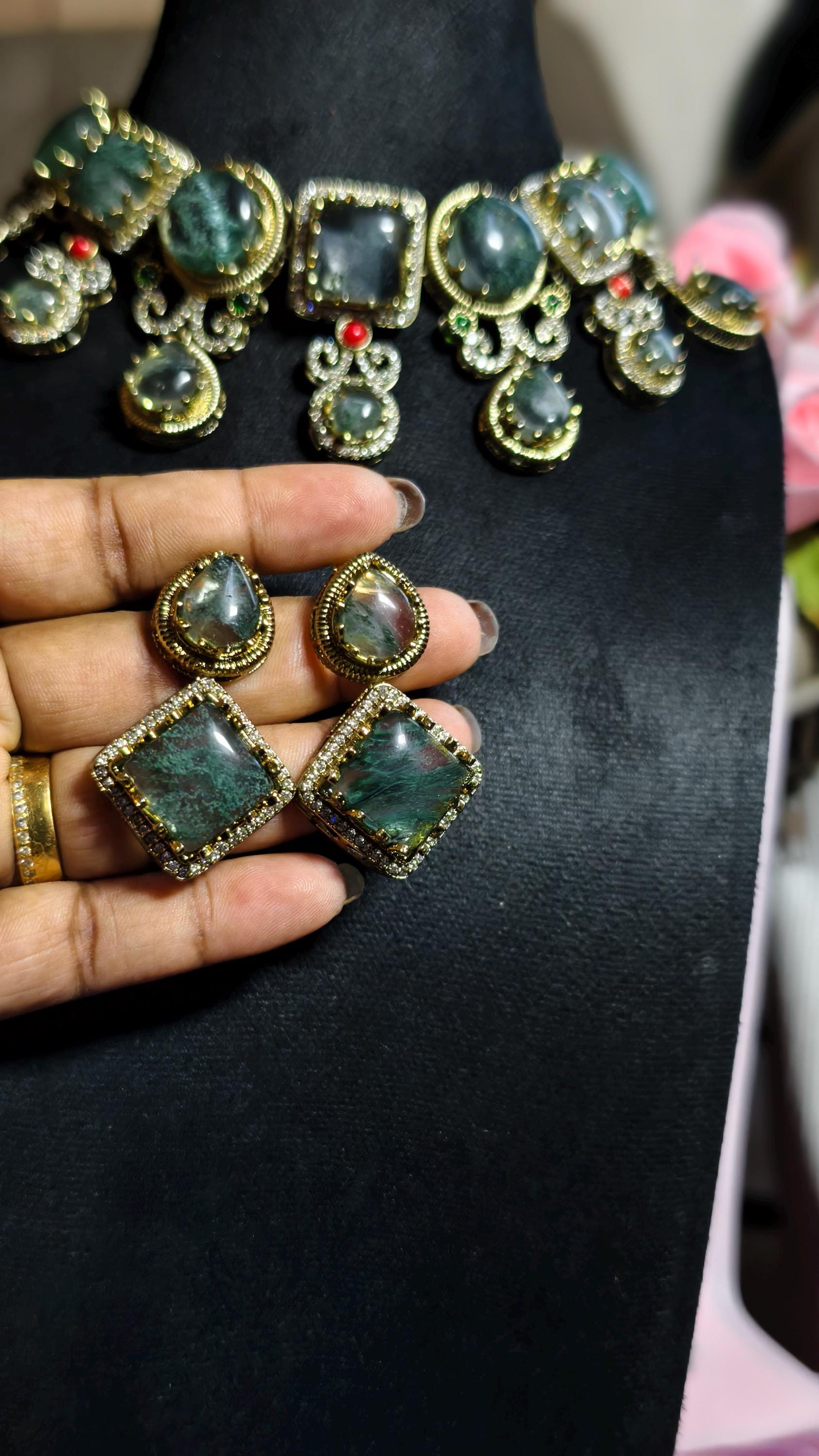 Handmade Moss Agate Choker Necklace and Earring Set, Antique Gold Victorian Boho Jewelry