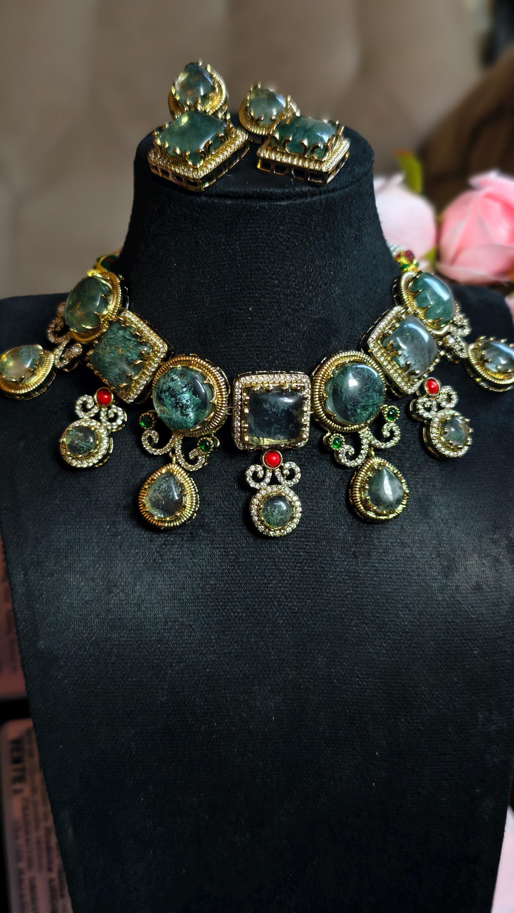 Handmade Moss Agate Choker Necklace and Earring Set, Antique Gold Victorian Boho Jewelry