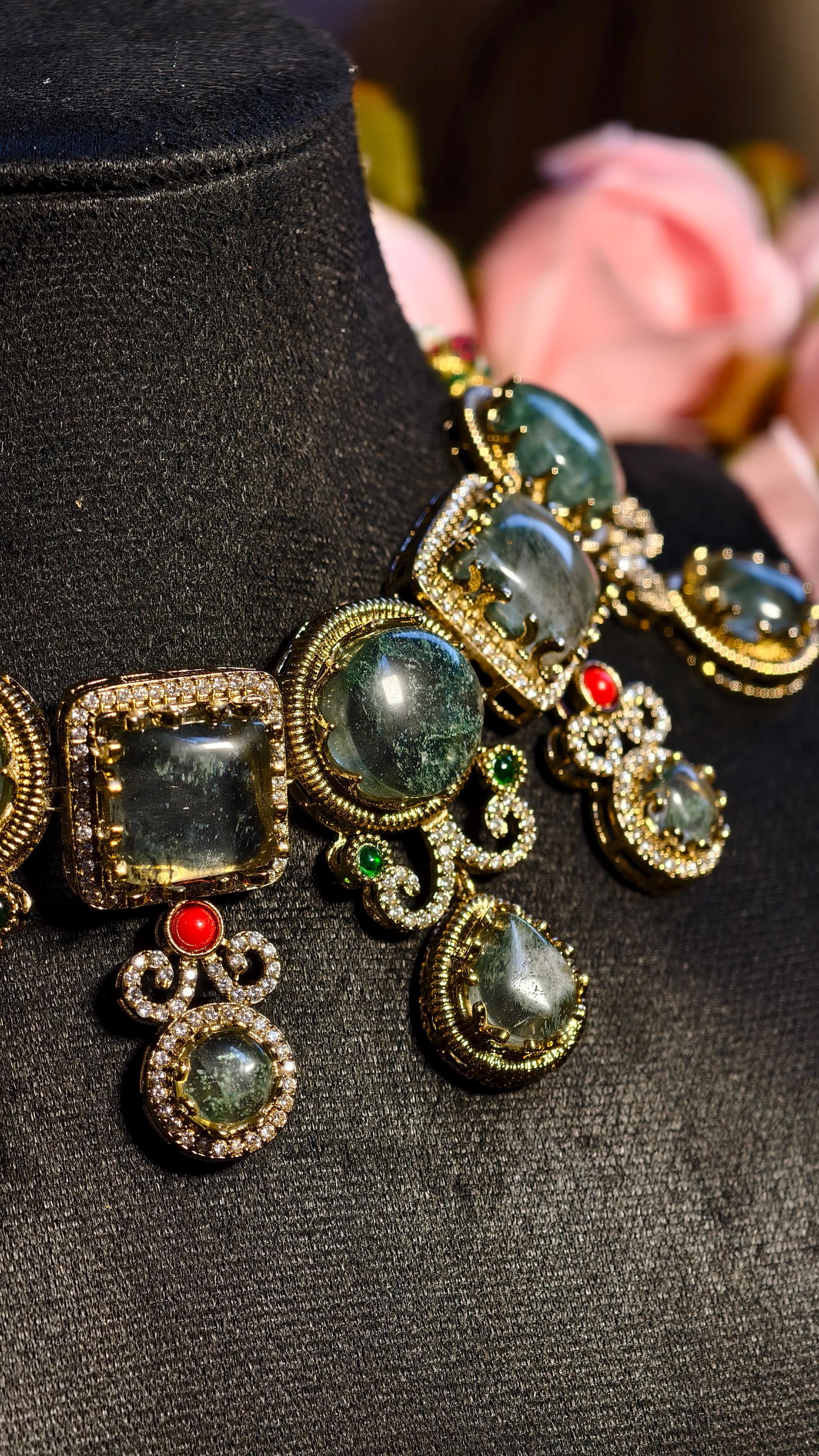 Handmade Moss Agate Choker Necklace and Earring Set, Antique Gold Victorian Boho Jewelry