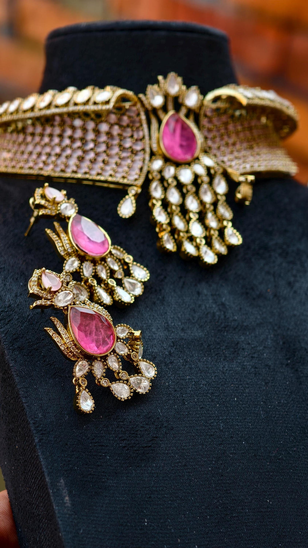 Designer Pink Kundan Necklace Set with Maang Tikka, Earrings | Bridal Choker | Polki Jewellery