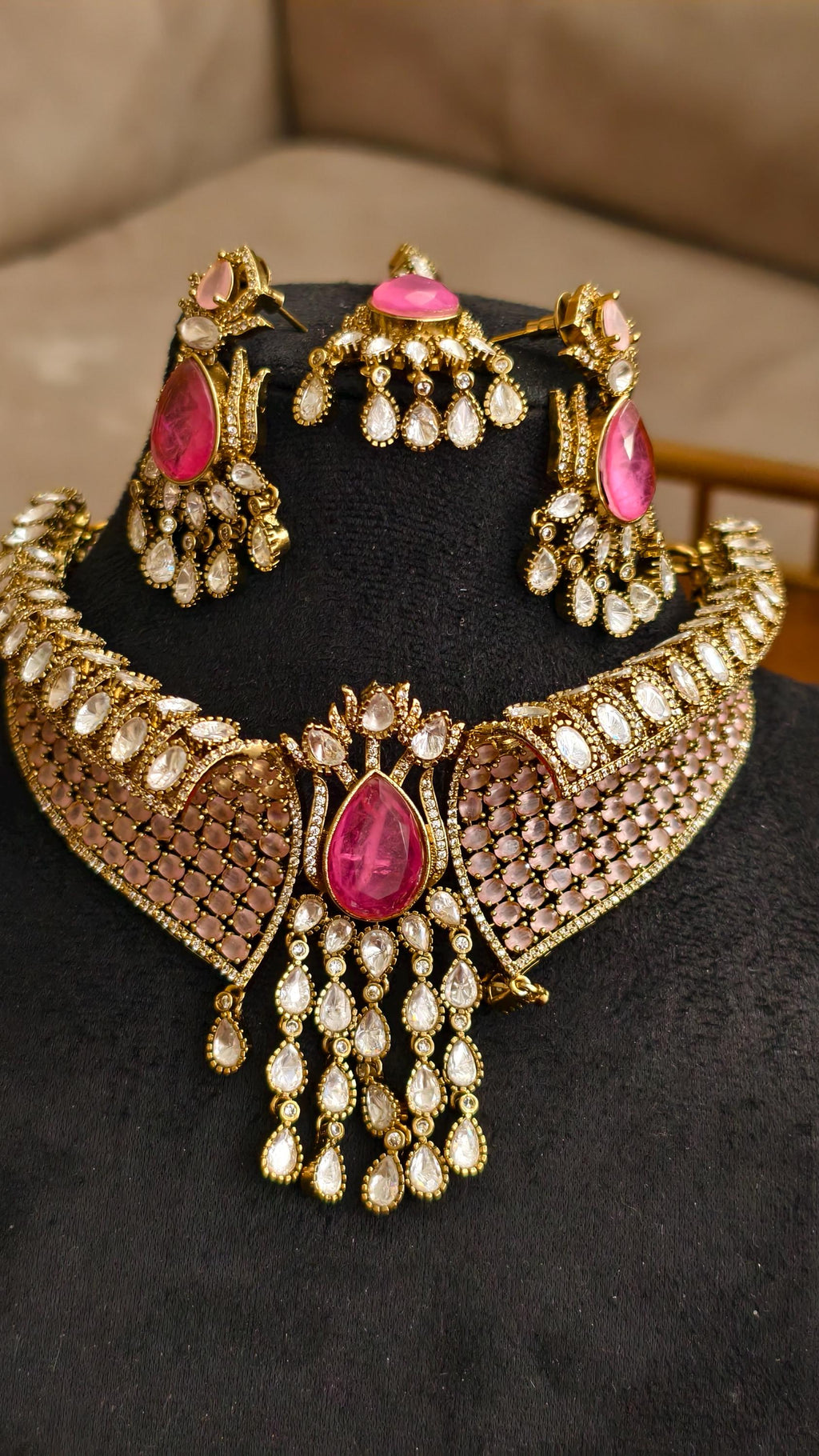 Designer Pink Kundan Necklace Set with Maang Tikka, Earrings | Bridal Choker | Polki Jewellery