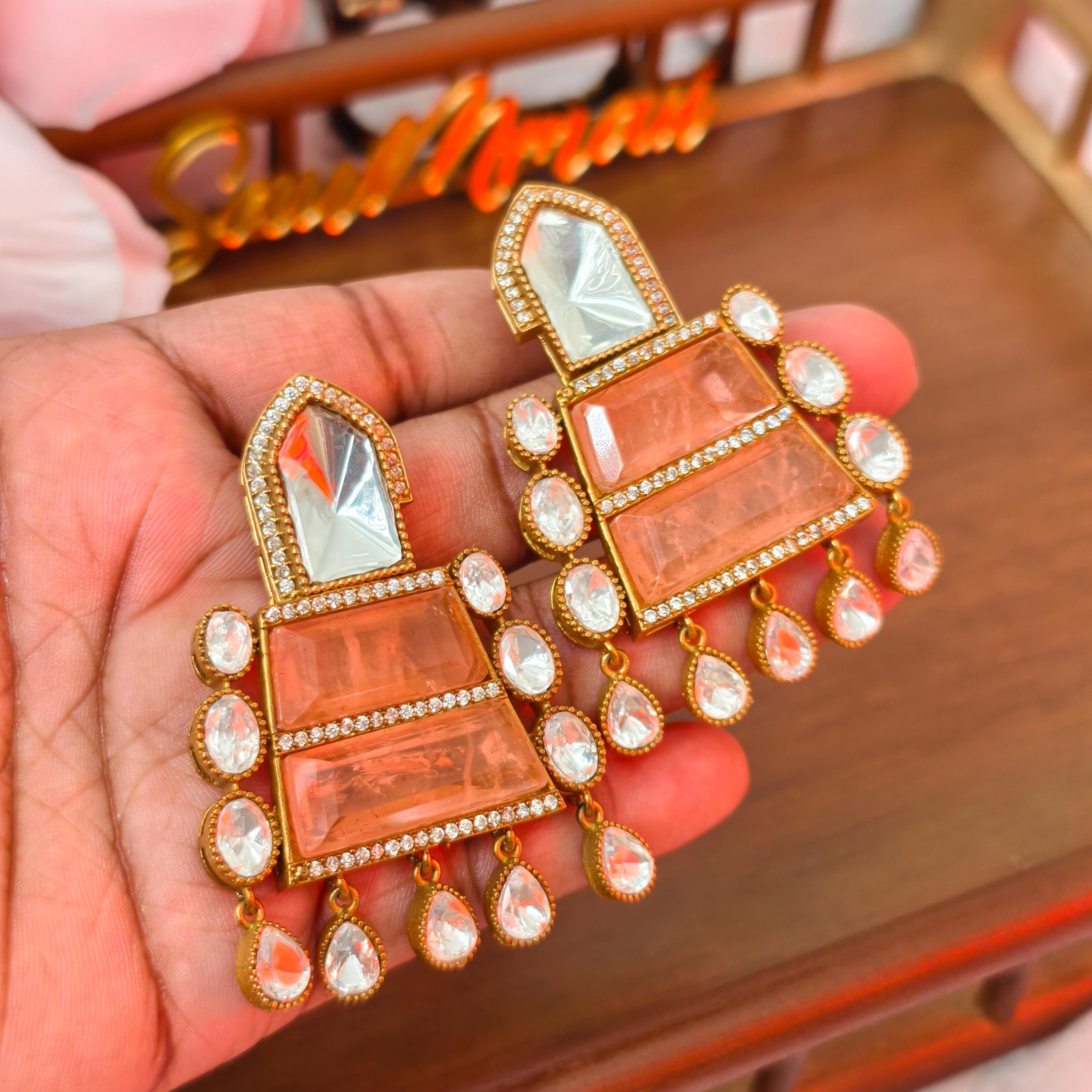 Sabyasachi Inspired Peach Stone Statement Earrings | Bollywood Style Kundan Drop Earrings | Indian Bridal Jewelry | Ethnic Wedding Jhumka