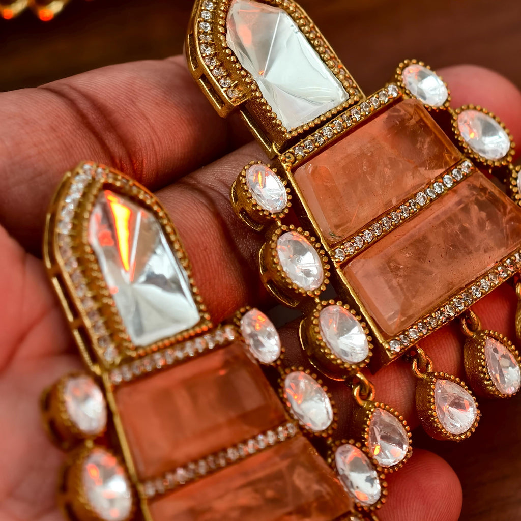 Sabyasachi Inspired Peach Stone Statement Earrings | Bollywood Style Kundan Drop Earrings | Indian Bridal Jewelry | Ethnic Wedding Jhumka