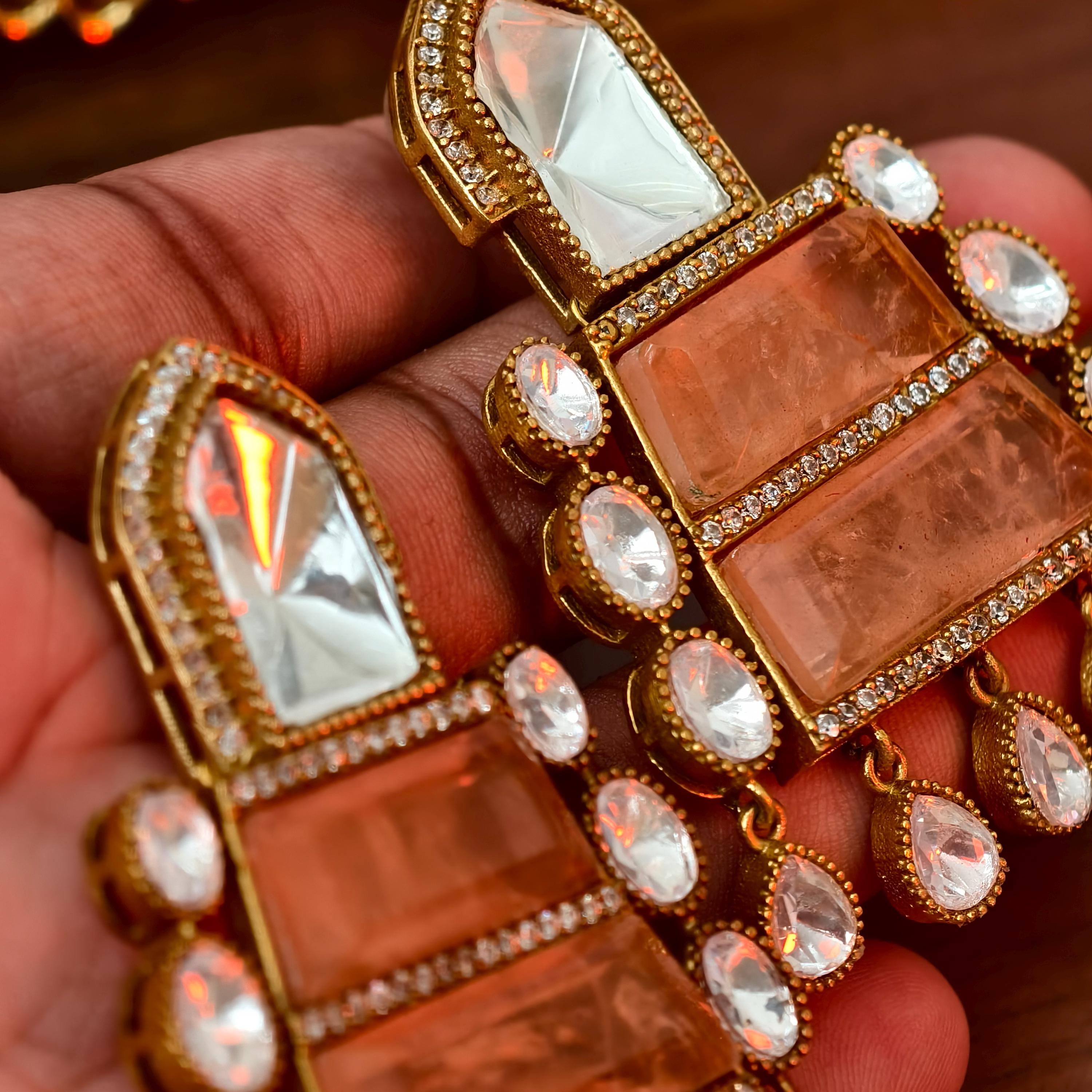 Sabyasachi Inspired Peach Stone Statement Earrings | Bollywood Style Kundan Drop Earrings | Indian Bridal Jewelry | Ethnic Wedding Jhumka