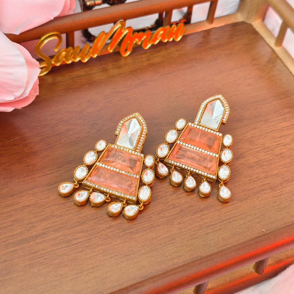 Sabyasachi Inspired Peach Stone Statement Earrings | Bollywood Style Kundan Drop Earrings | Indian Bridal Jewelry | Ethnic Wedding Jhumka