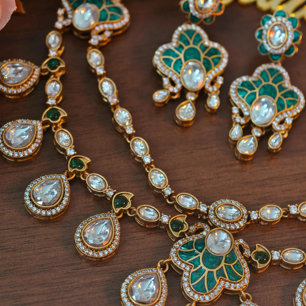 Exquisite Green Enamel Kundan Necklace Set, Layered Gold Plated Bridal Jewelry, Royal Indian Wedding Choker, Teardrop Stone Statement Set