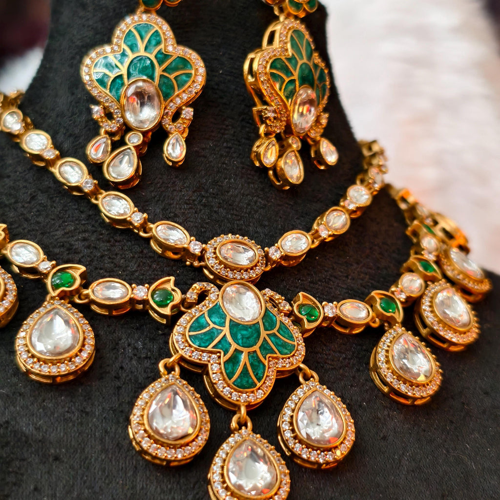 Exquisite Green Enamel Kundan Necklace Set, Layered Gold Plated Bridal Jewelry, Royal Indian Wedding Choker, Teardrop Stone Statement Set