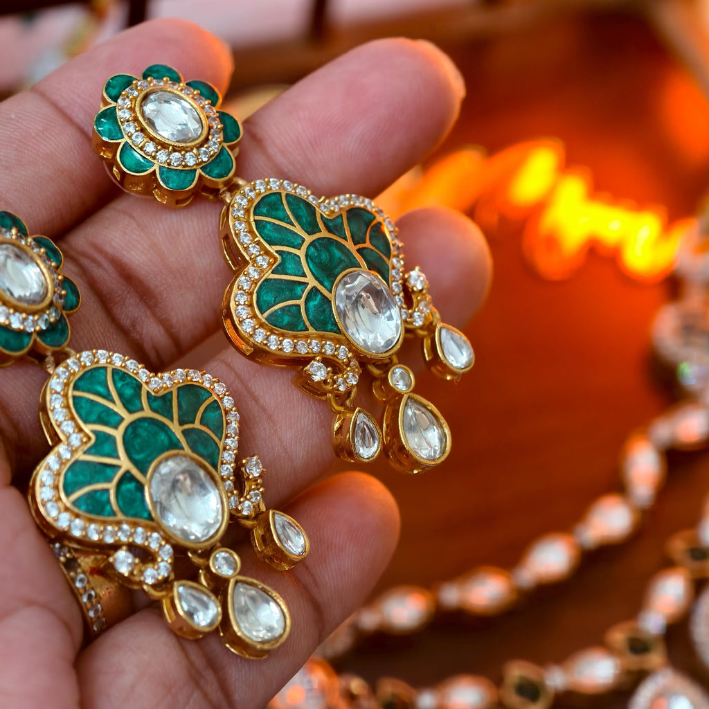 Exquisite Green Enamel Kundan Necklace Set, Layered Gold Plated Bridal Jewelry, Royal Indian Wedding Choker, Teardrop Stone Statement Set