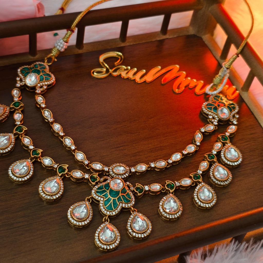 Exquisite Green Enamel Kundan Necklace Set, Layered Gold Plated Bridal Jewelry, Royal Indian Wedding Choker, Teardrop Stone Statement Set