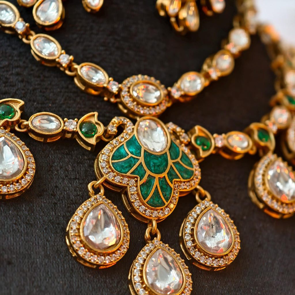 Exquisite Green Enamel Kundan Necklace Set, Layered Gold Plated Bridal Jewelry, Royal Indian Wedding Choker, Teardrop Stone Statement Set