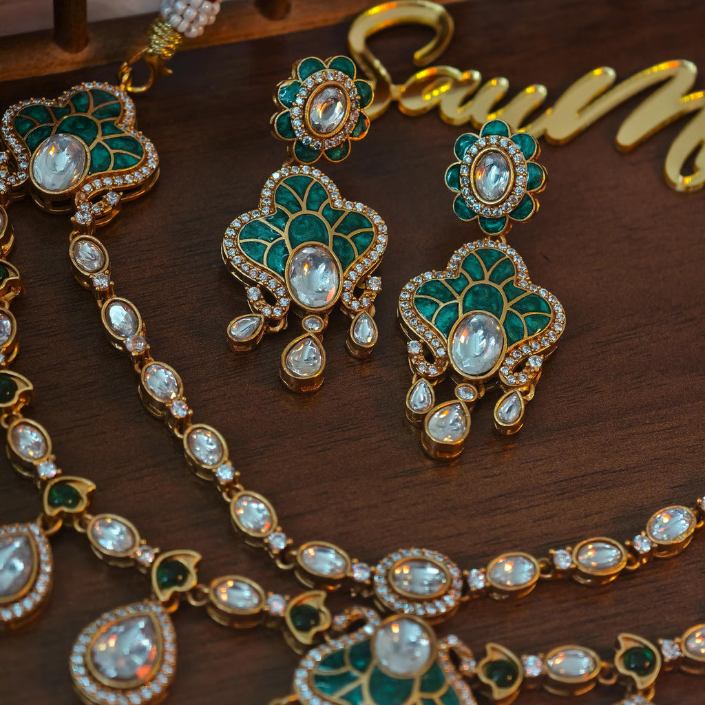 Exquisite Green Enamel Kundan Necklace Set, Layered Gold Plated Bridal Jewelry, Royal Indian Wedding Choker, Teardrop Stone Statement Set
