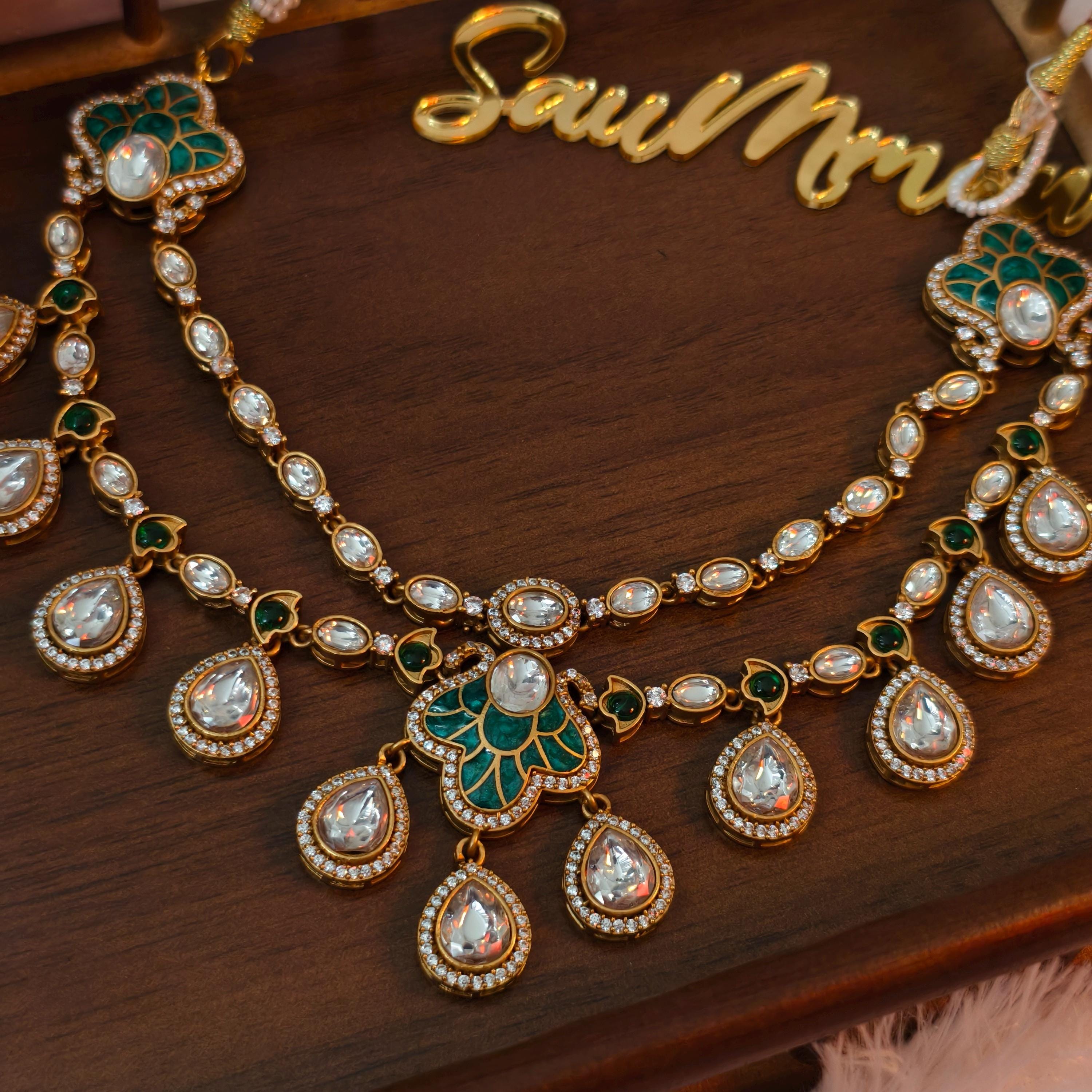 Exquisite Green Enamel Kundan Necklace Set, Layered Gold Plated Bridal Jewelry, Royal Indian Wedding Choker, Teardrop Stone Statement Set