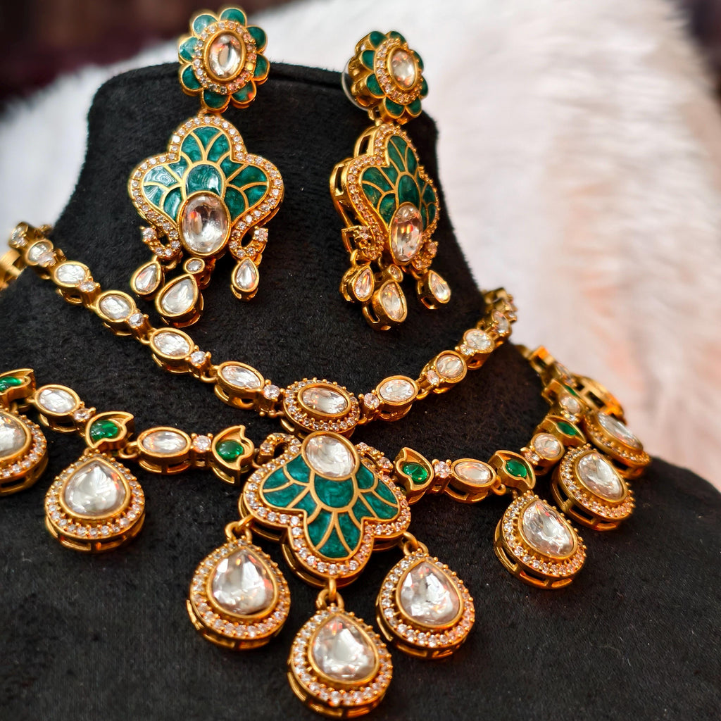 Exquisite Green Enamel Kundan Necklace Set, Layered Gold Plated Bridal Jewelry, Royal Indian Wedding Choker, Teardrop Stone Statement Set