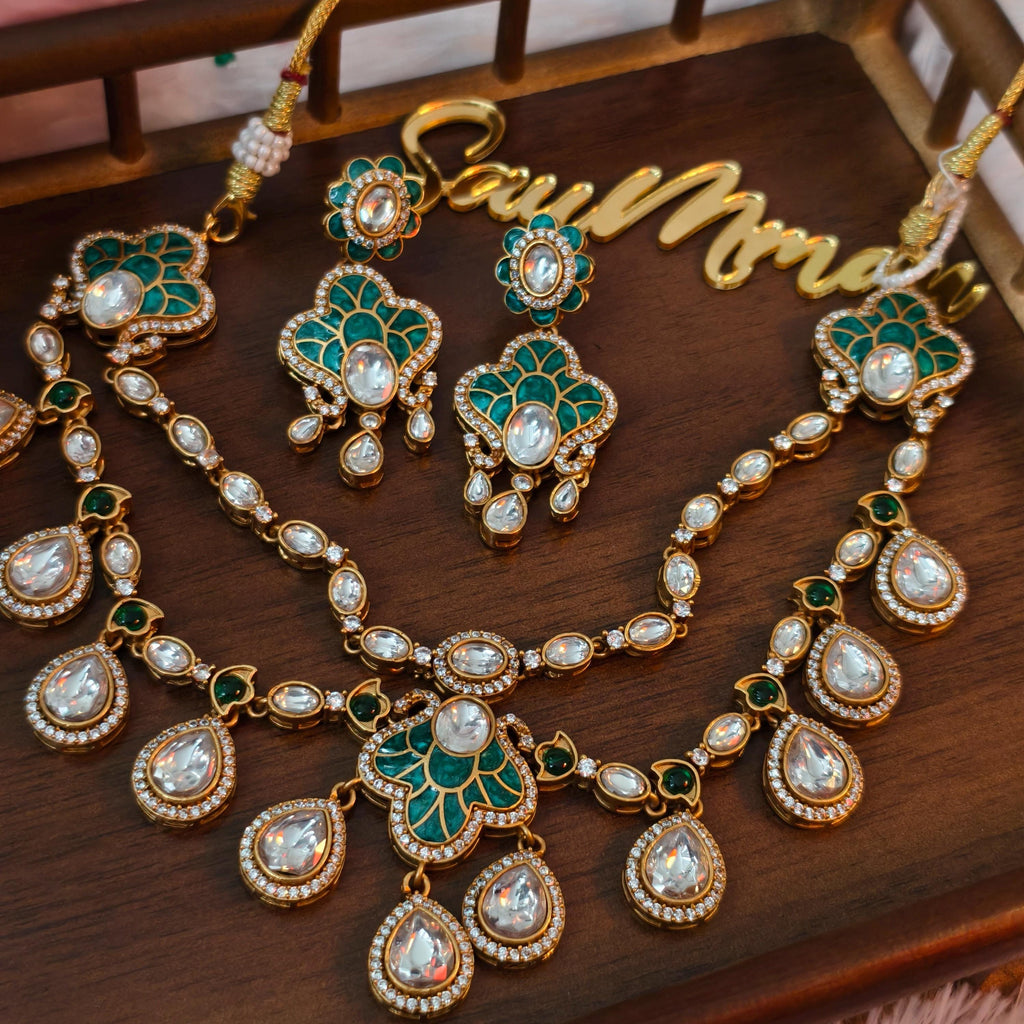 Exquisite Green Enamel Kundan Necklace Set, Layered Gold Plated Bridal Jewelry, Royal Indian Wedding Choker, Teardrop Stone Statement Set