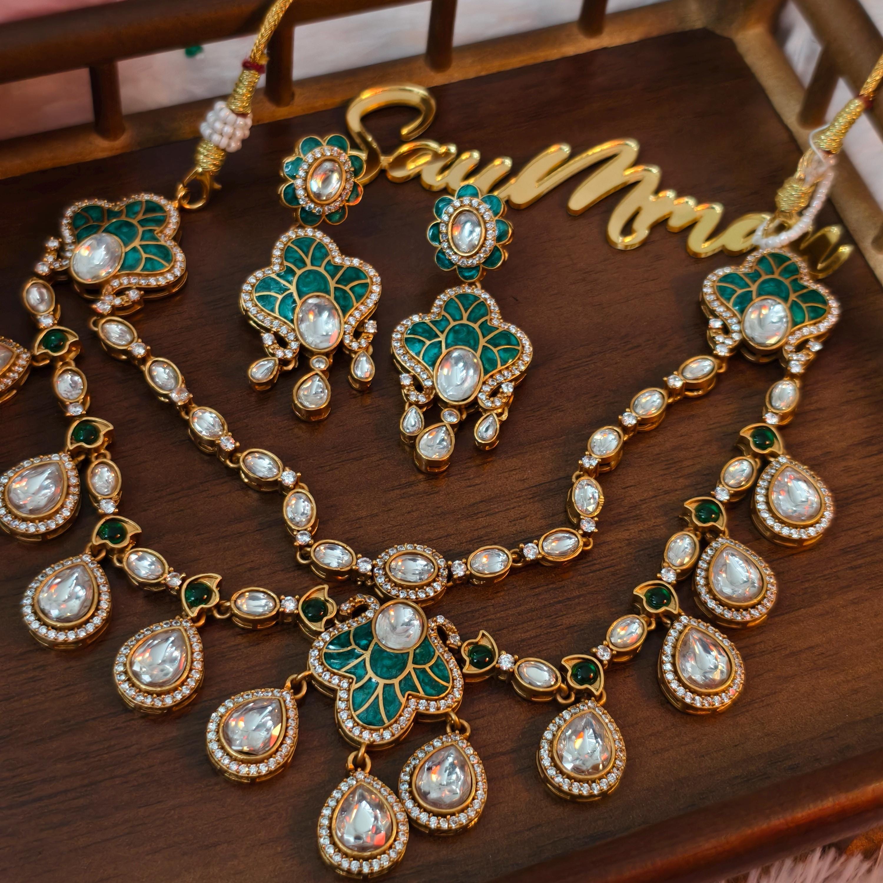 Exquisite Green Enamel Kundan Necklace Set, Layered Gold Plated Bridal Jewelry, Royal Indian Wedding Choker, Teardrop Stone Statement Set