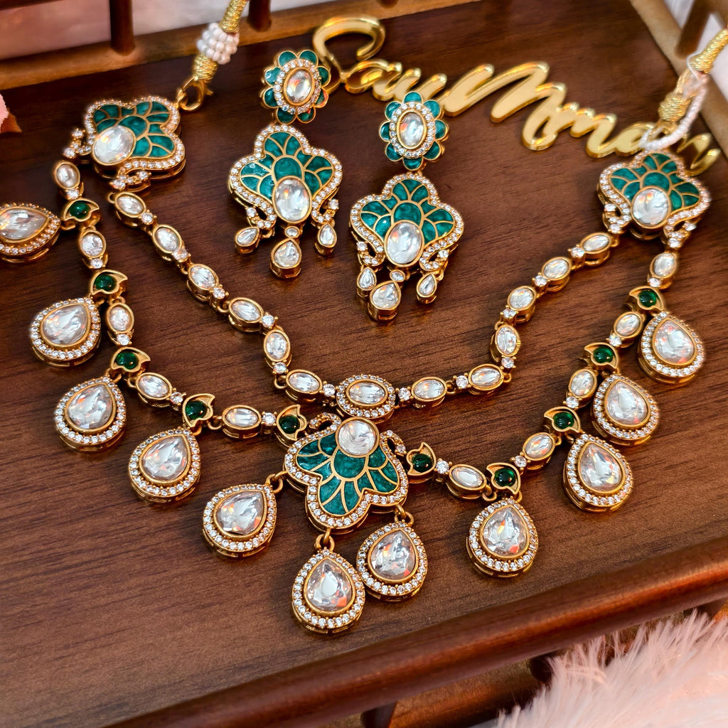 Exquisite Green Enamel Kundan Necklace Set, Layered Gold Plated Bridal Jewelry, Royal Indian Wedding Choker, Teardrop Stone Statement Set