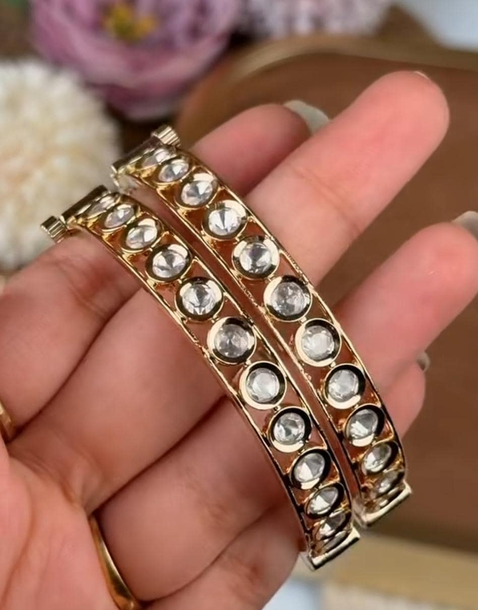 Premium Moissanite Kundan Openable Kada | Screw Bangles Size 2.4 (Fits 2.6) | High-End Gold Plated Polki Jewelry for Weddings