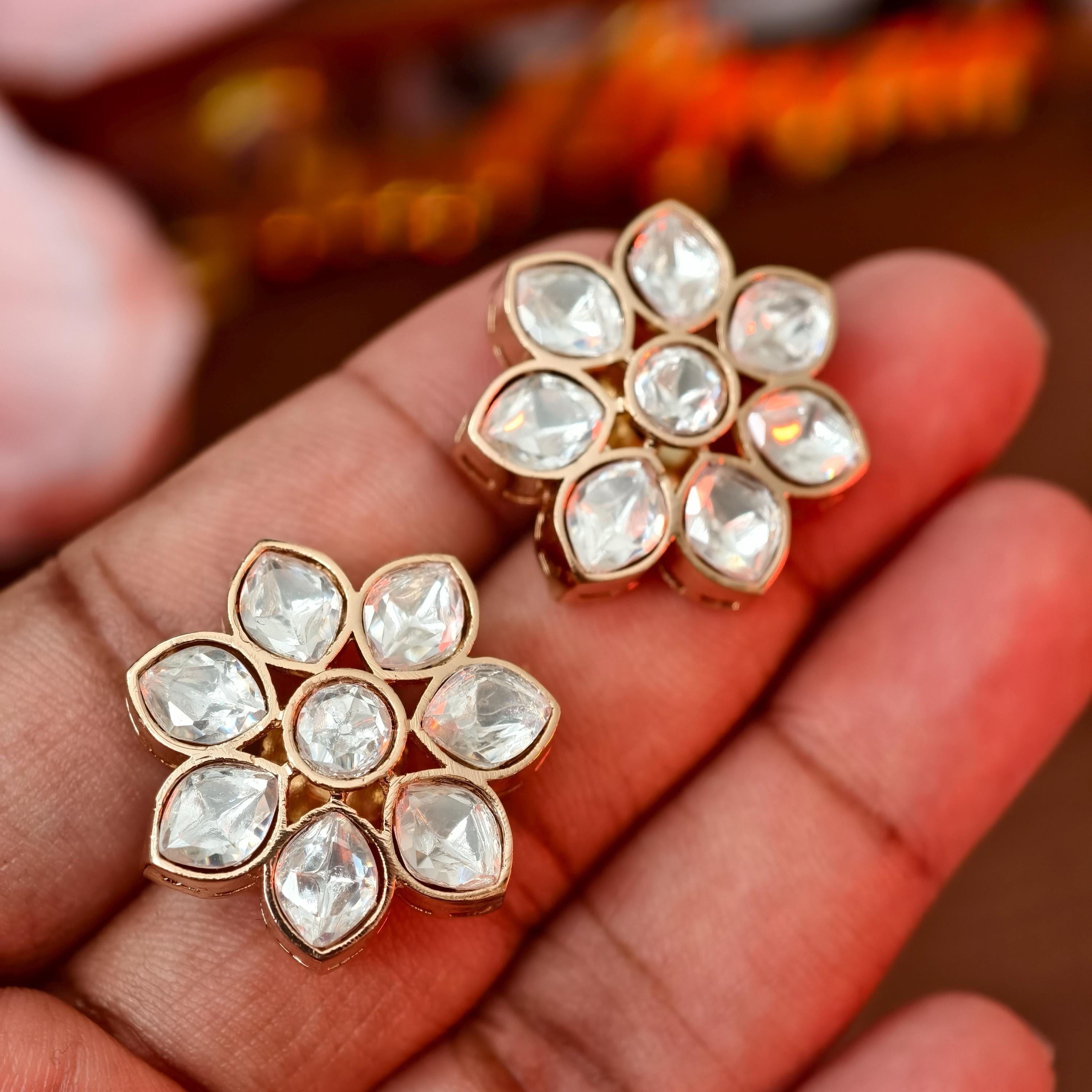 Kundan Floral Stud Earrings, Indian Traditional Gold Plated Flower Studs, Bridal Kundan Jewelry, Minimalist Ethnic Earrings for Women