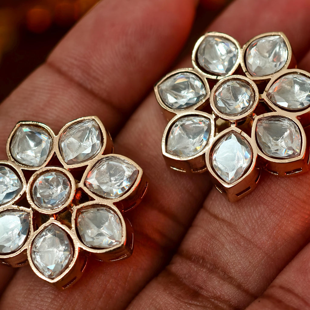 Kundan Floral Stud Earrings, Indian Traditional Gold Plated Flower Studs, Bridal Kundan Jewelry, Minimalist Ethnic Earrings for Women