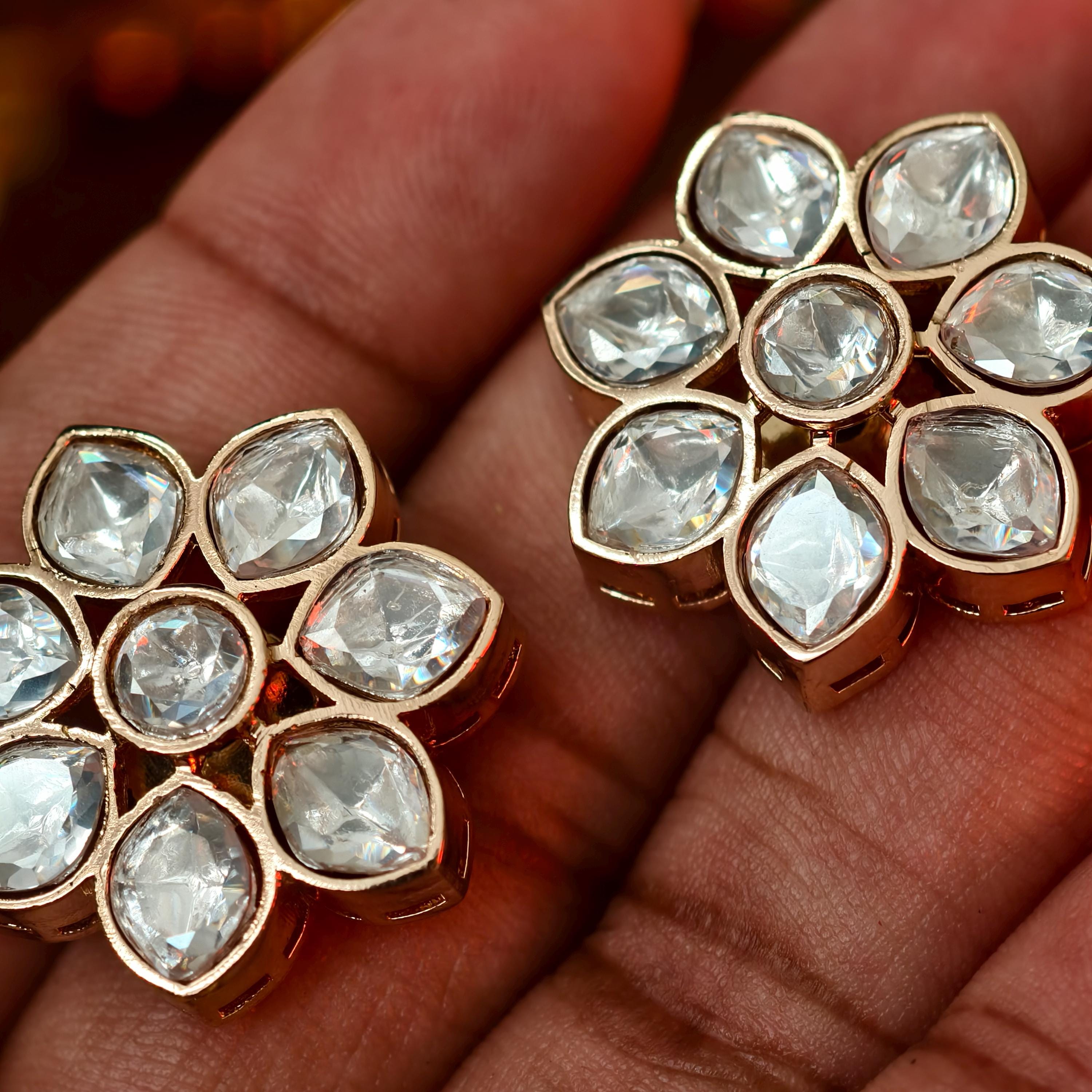 Kundan Floral Stud Earrings, Indian Traditional Gold Plated Flower Studs, Bridal Kundan Jewelry, Minimalist Ethnic Earrings for Women