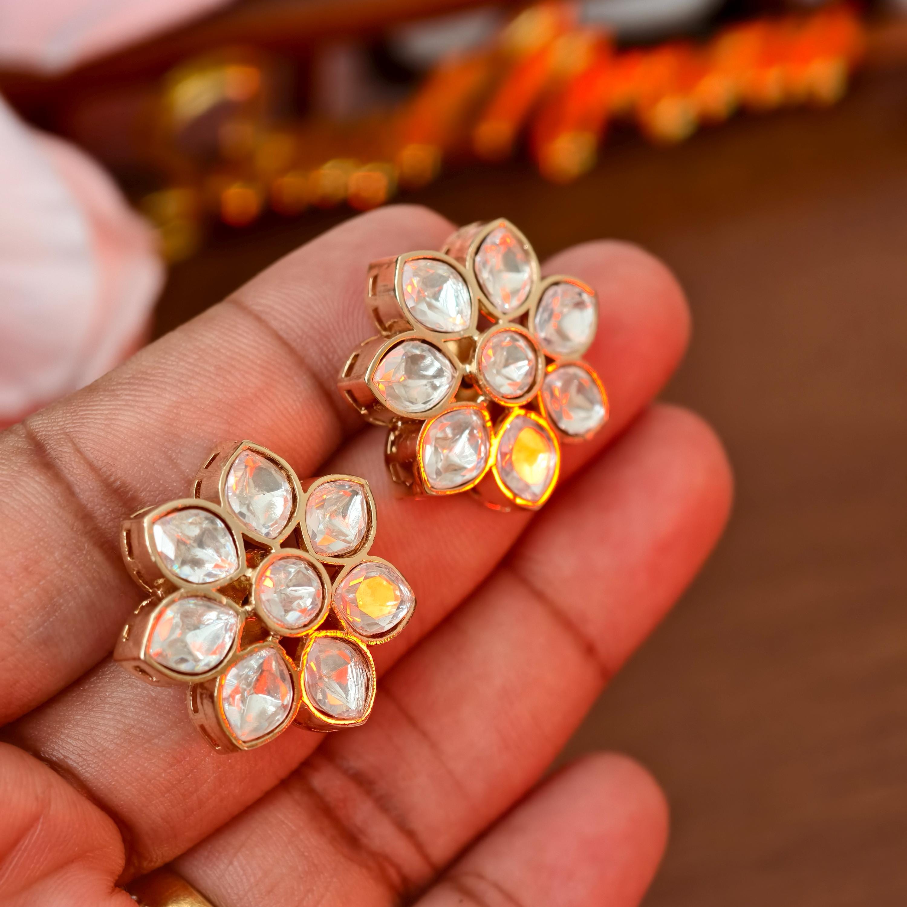 Kundan Floral Stud Earrings, Indian Traditional Gold Plated Flower Studs, Bridal Kundan Jewelry, Minimalist Ethnic Earrings for Women