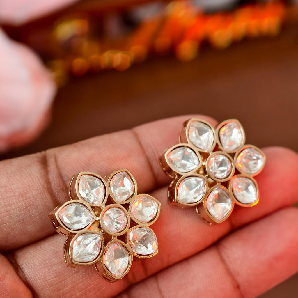 Kundan Floral Stud Earrings, Indian Traditional Gold Plated Flower Studs, Bridal Kundan Jewelry, Minimalist Ethnic Earrings for Women